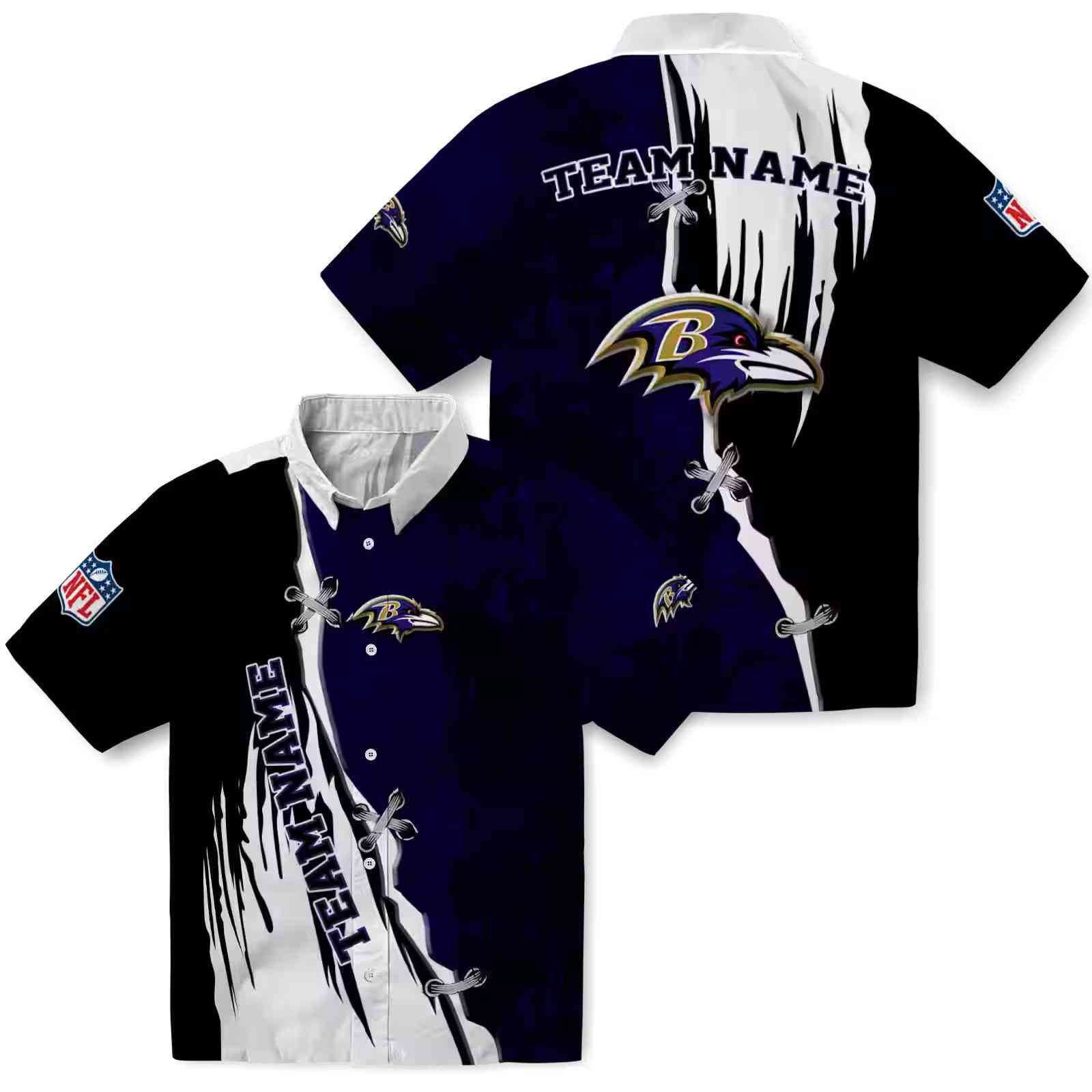 personalized baltimore ravens edgy streaks purple white hawaiian shirt high quality