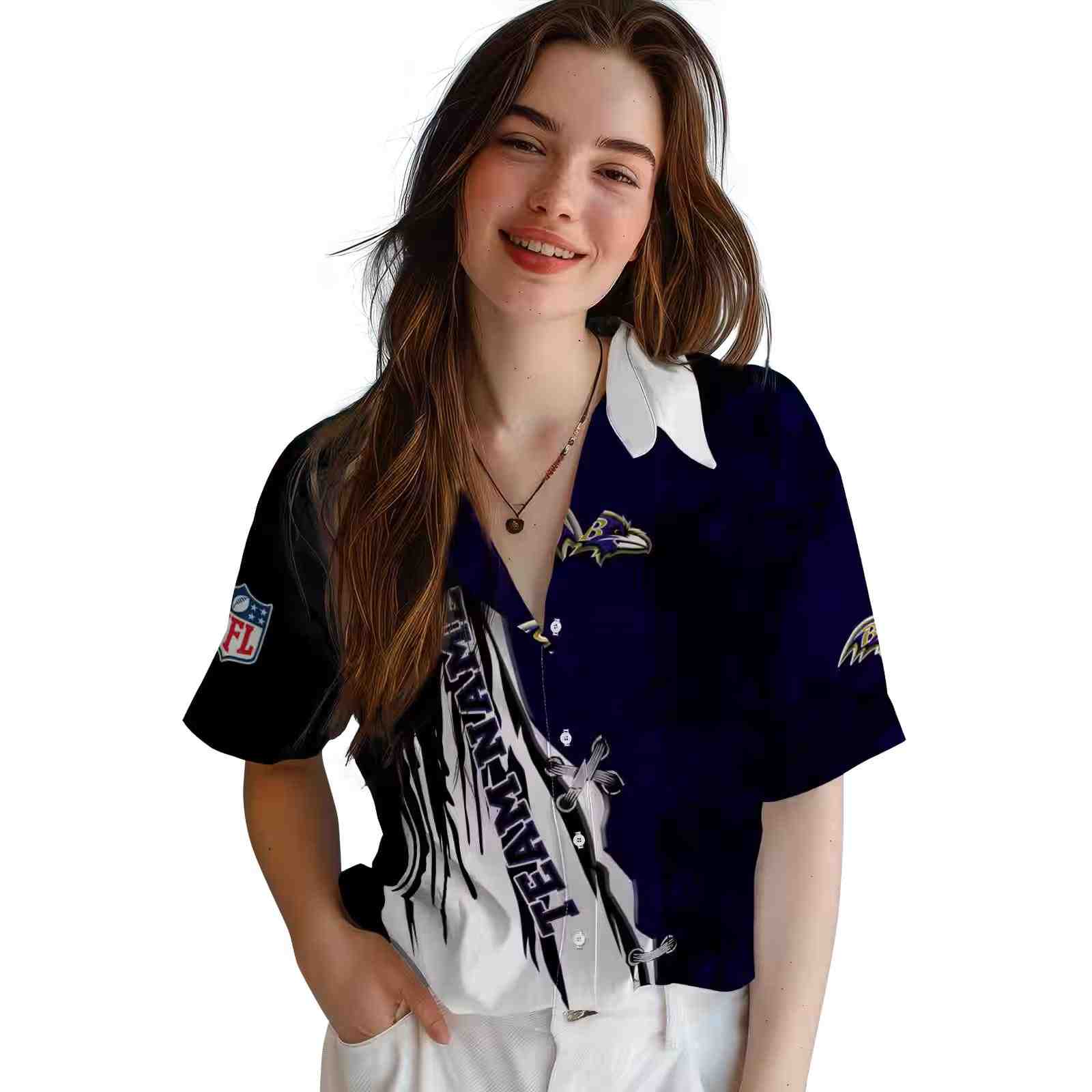 personalized baltimore ravens edgy streaks purple white hawaiian shirt latest model