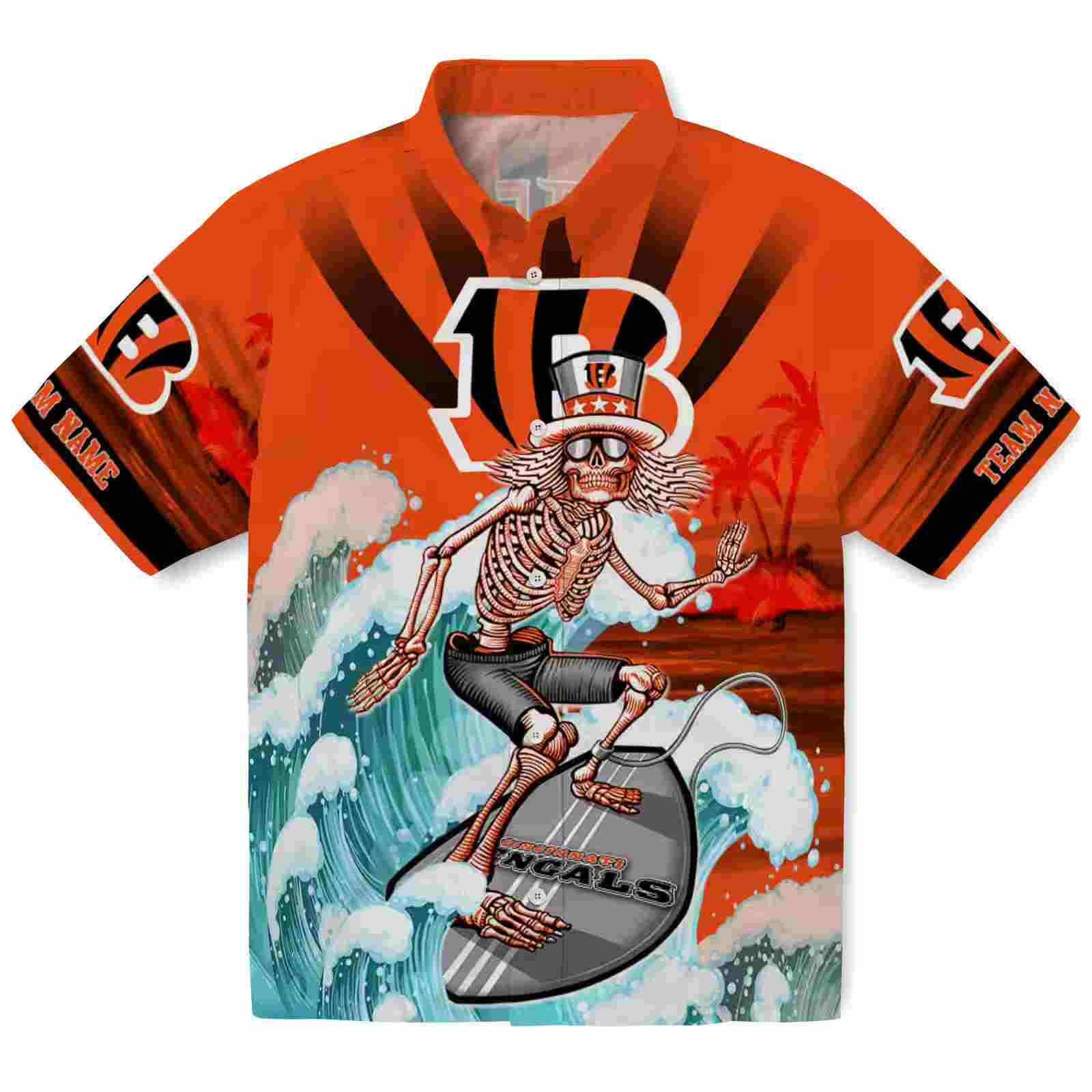 Personalized Cincinnati Bengals Surfing Skeleton Orange Blue Hawaiian Shirt