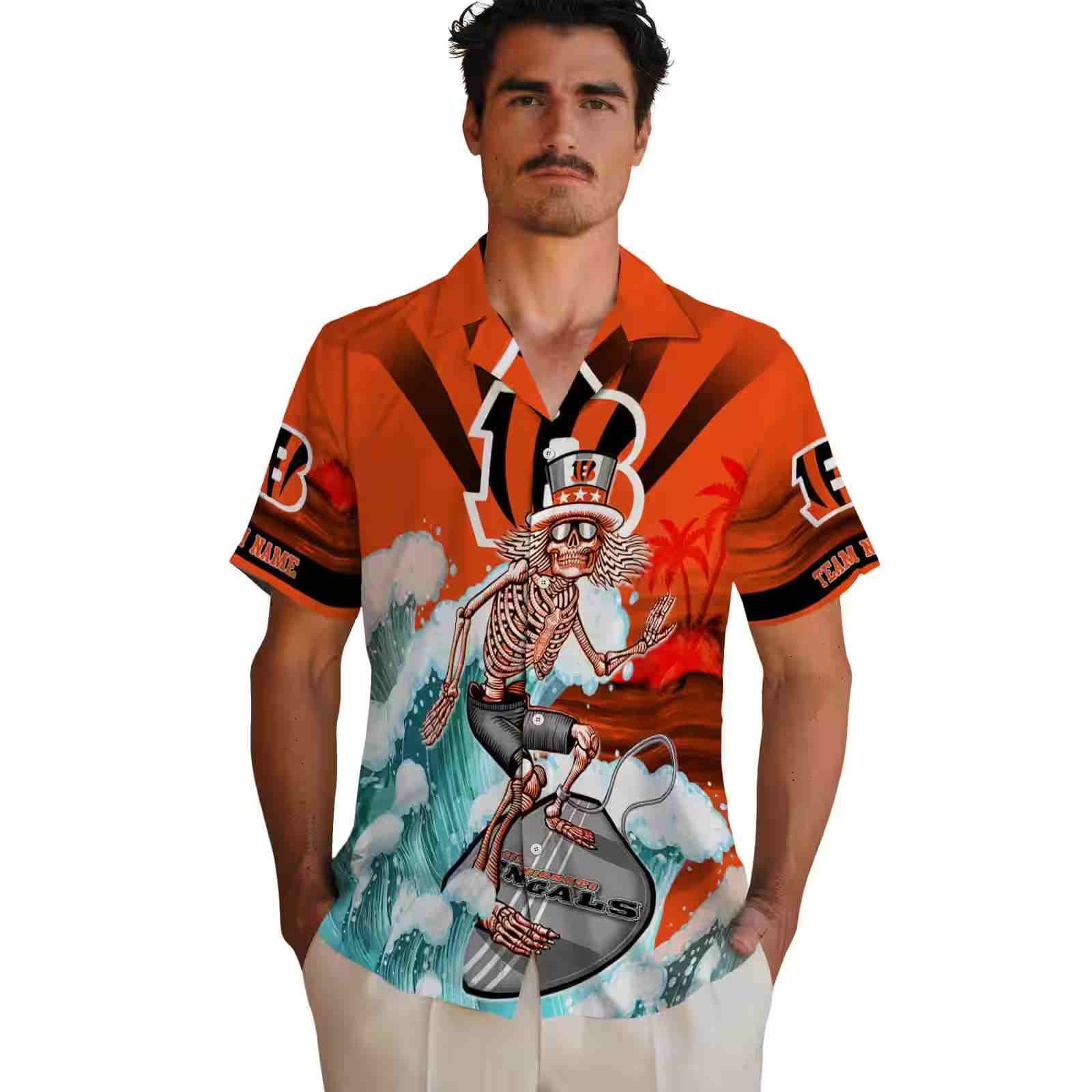 personalized cincinnati bengals surfing skeleton orange blue hawaiian shirt fashion forward