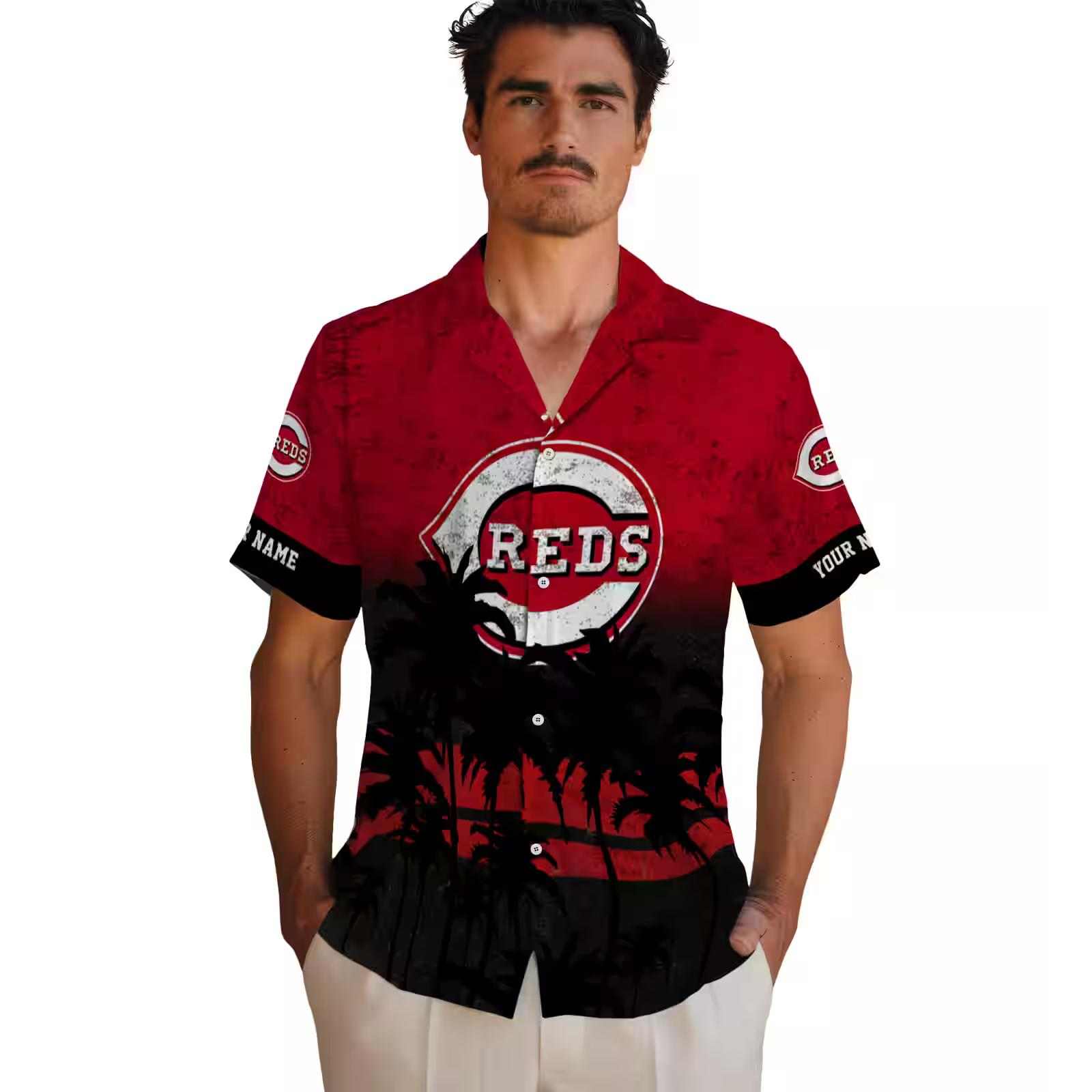 personalized cincinnati reds sunset pattern red black hawaiian shirt fashion forward