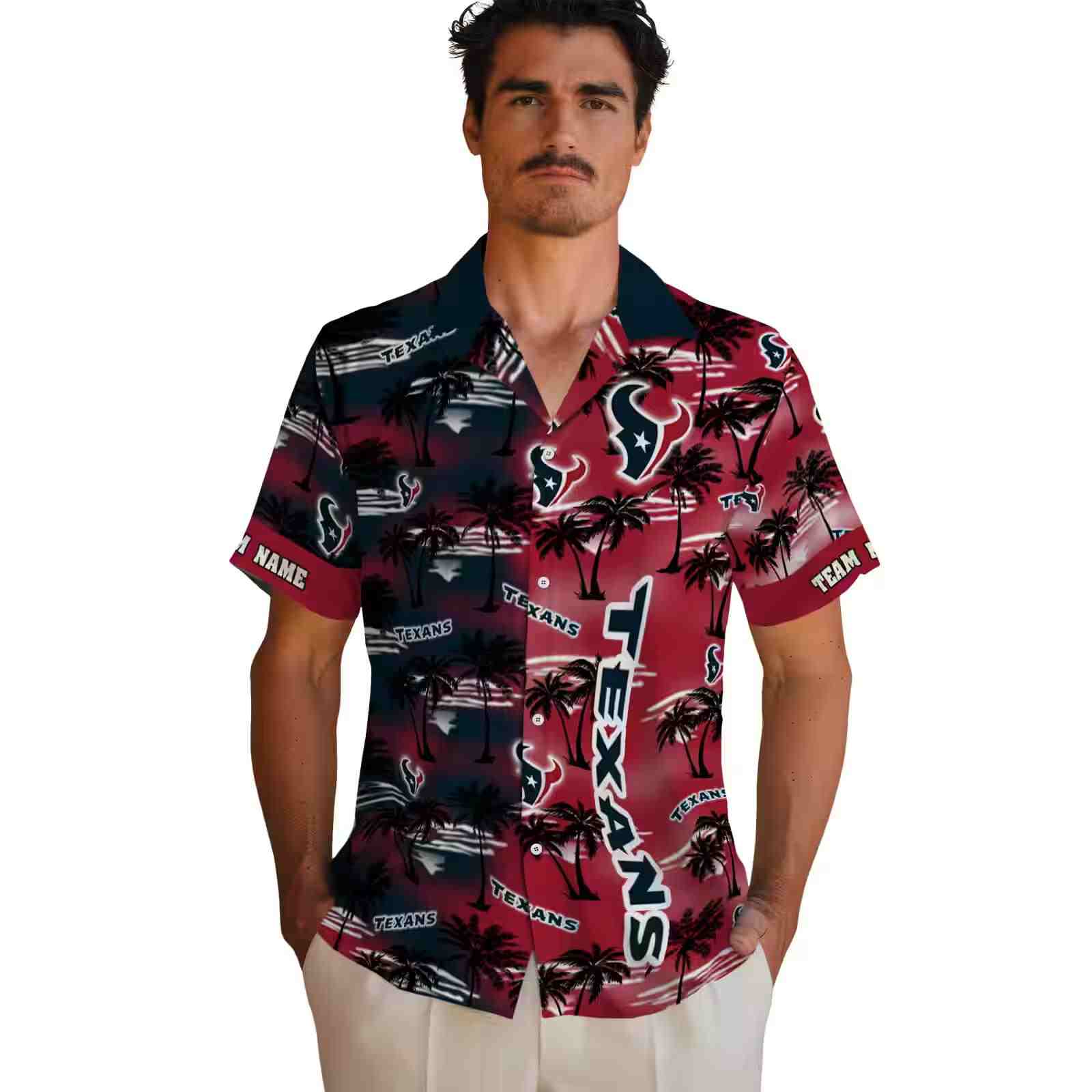 personalized houston texans palm silhouettes blue hawaiian shirt fashion forward