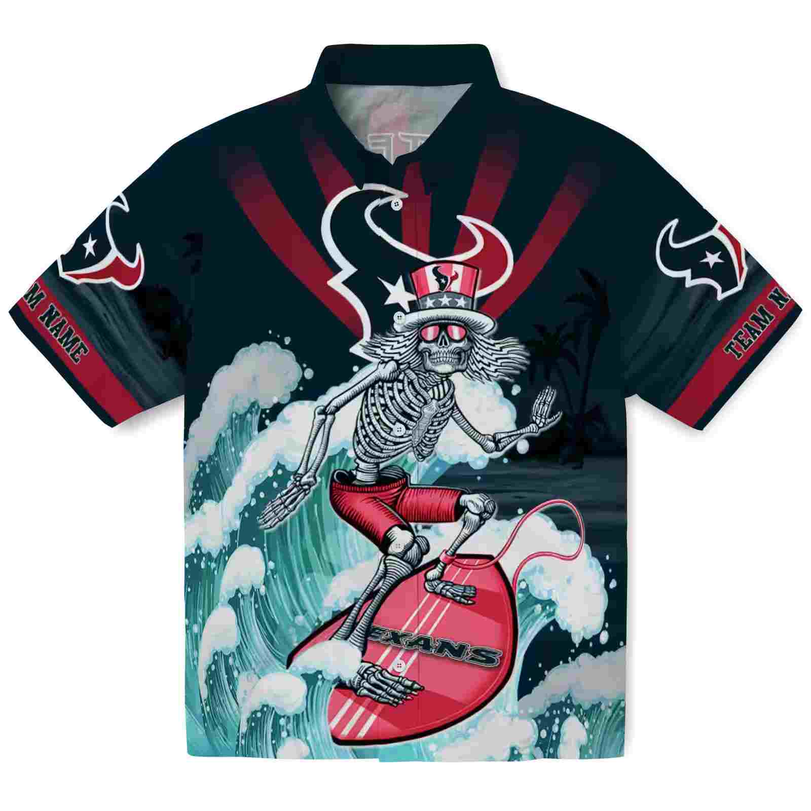 personalized houston texans surfing skeleton blue hawaiian shirt best selling