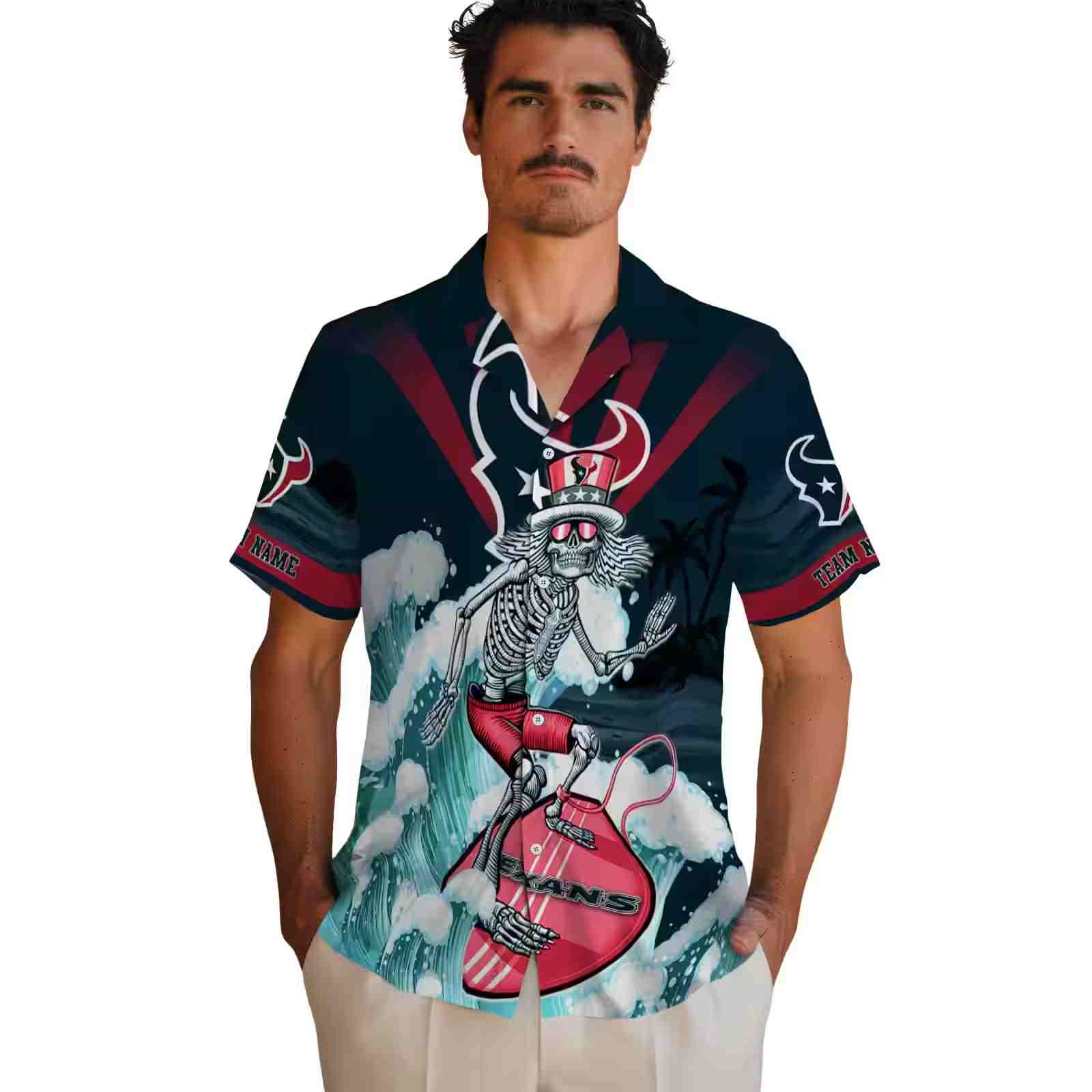 personalized houston texans surfing skeleton blue hawaiian shirt fashion forward