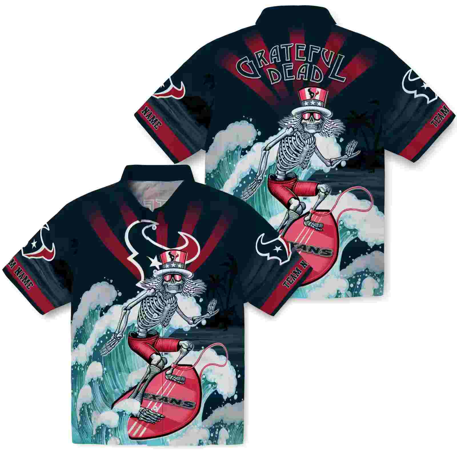 personalized houston texans surfing skeleton blue hawaiian shirt high quality