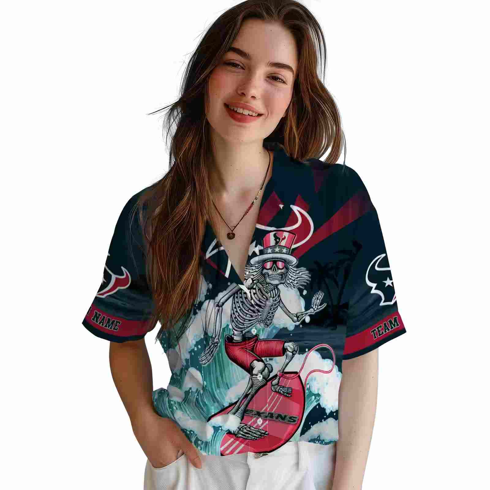 personalized houston texans surfing skeleton blue hawaiian shirt latest model