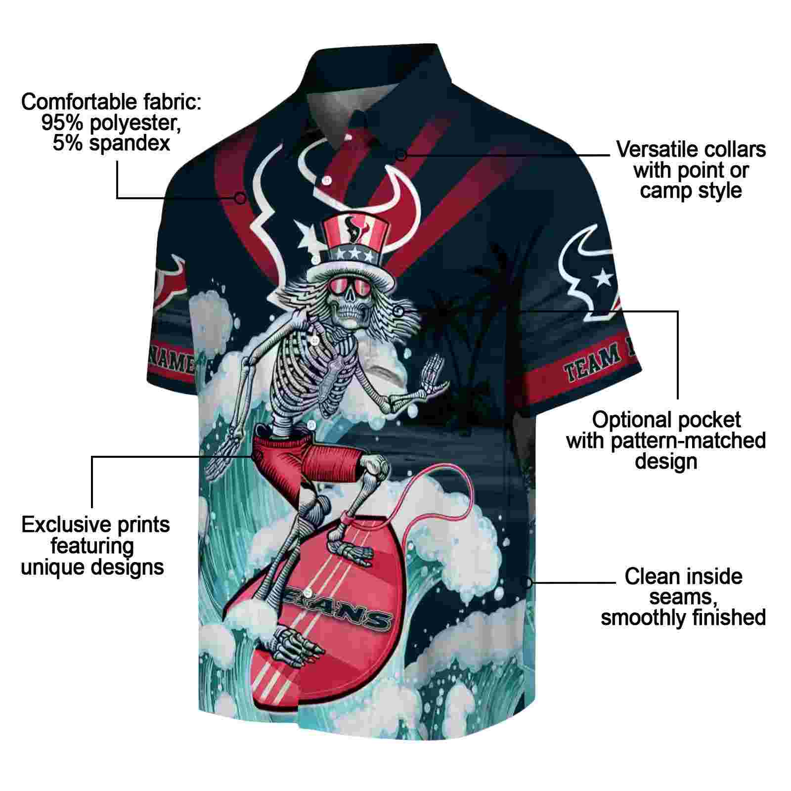 personalized houston texans surfing skeleton blue hawaiian shirt new arrival