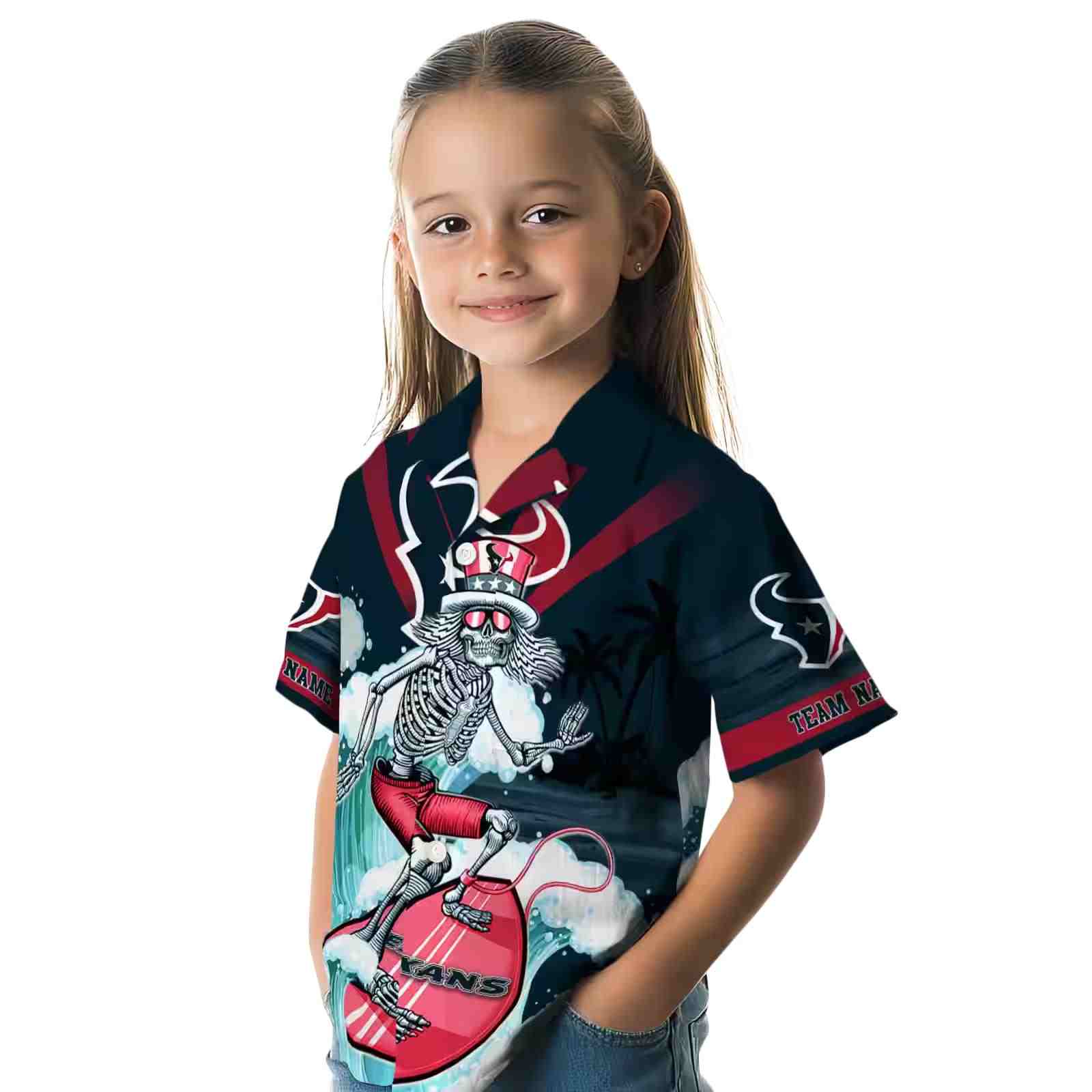 personalized houston texans surfing skeleton blue hawaiian shirt premium grade