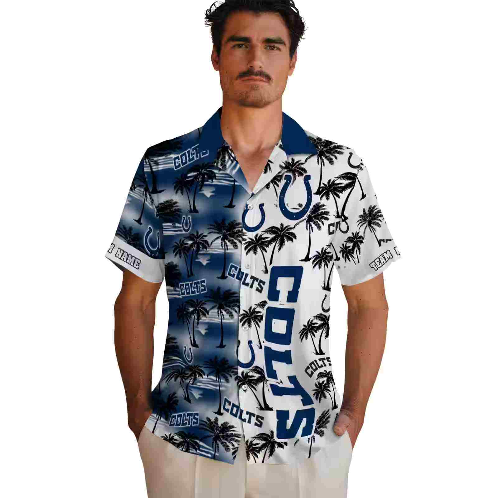 personalized indianapolis colts palm silhouettes blue hawaiian shirt fashion forward