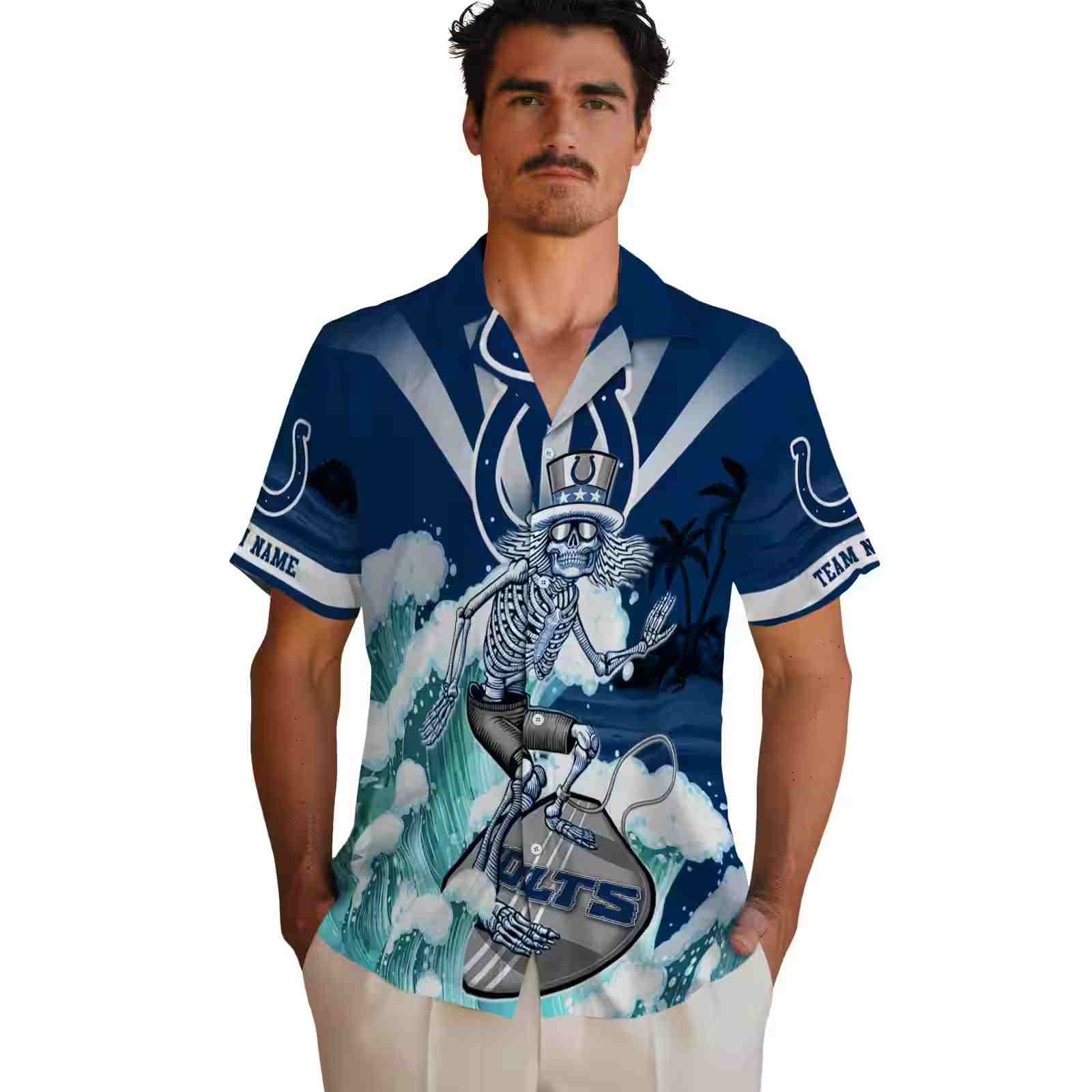 personalized indianapolis colts surfing skeleton blue hawaiian shirt fashion forward