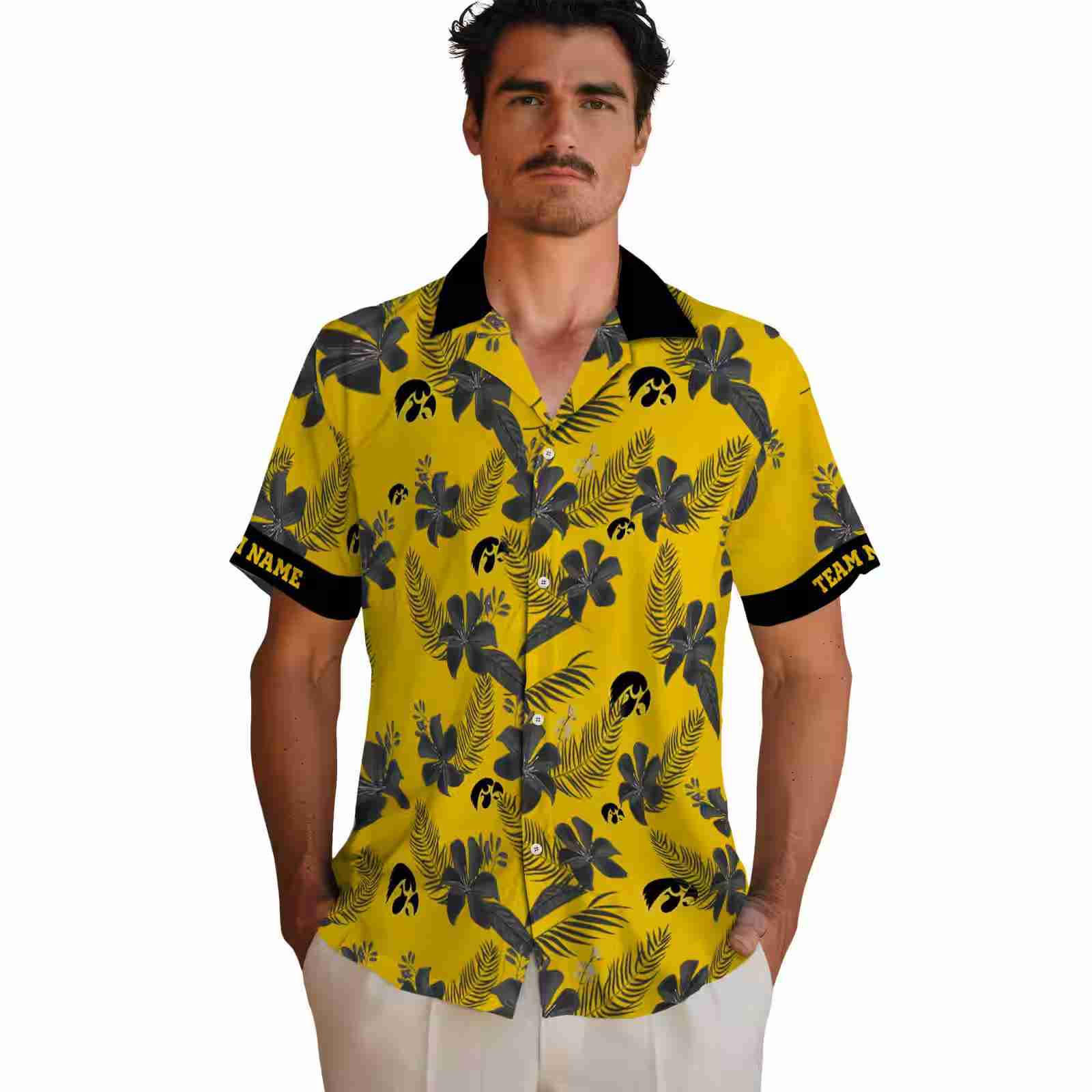 personalized iowa hawkeyes botanical print gold hawaiian shirt fashion forward