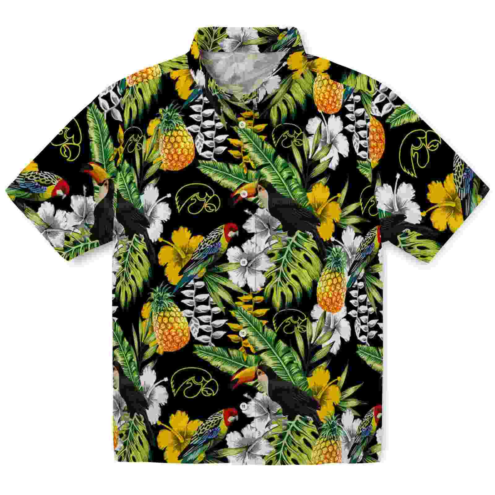 Personalized Iowa Hawkeyes Tropical Toucan Black Green Hawaiian Shirt