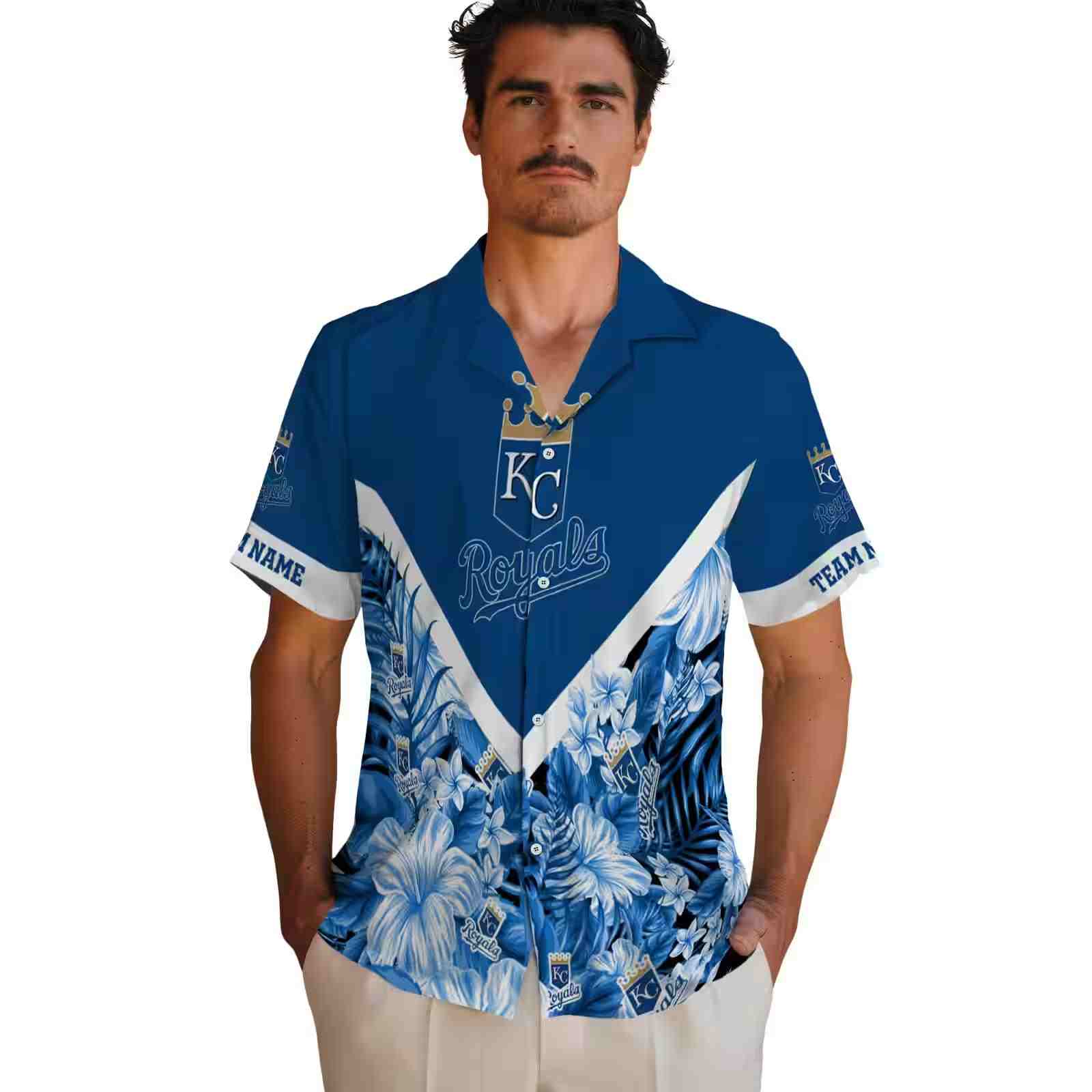 personalized kansas city royals floral chevron royal blue hawaiian shirt fashion forward