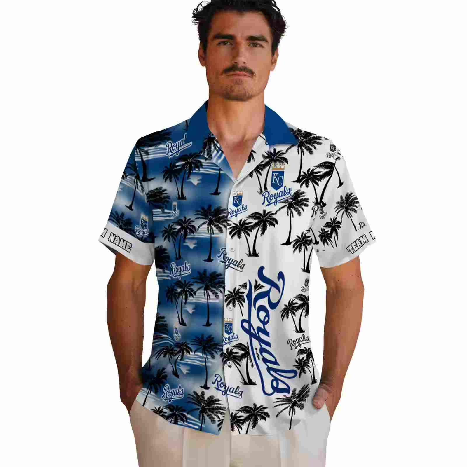 personalized kansas city royals palm silhouettes royal blue hawaiian shirt fashion forward