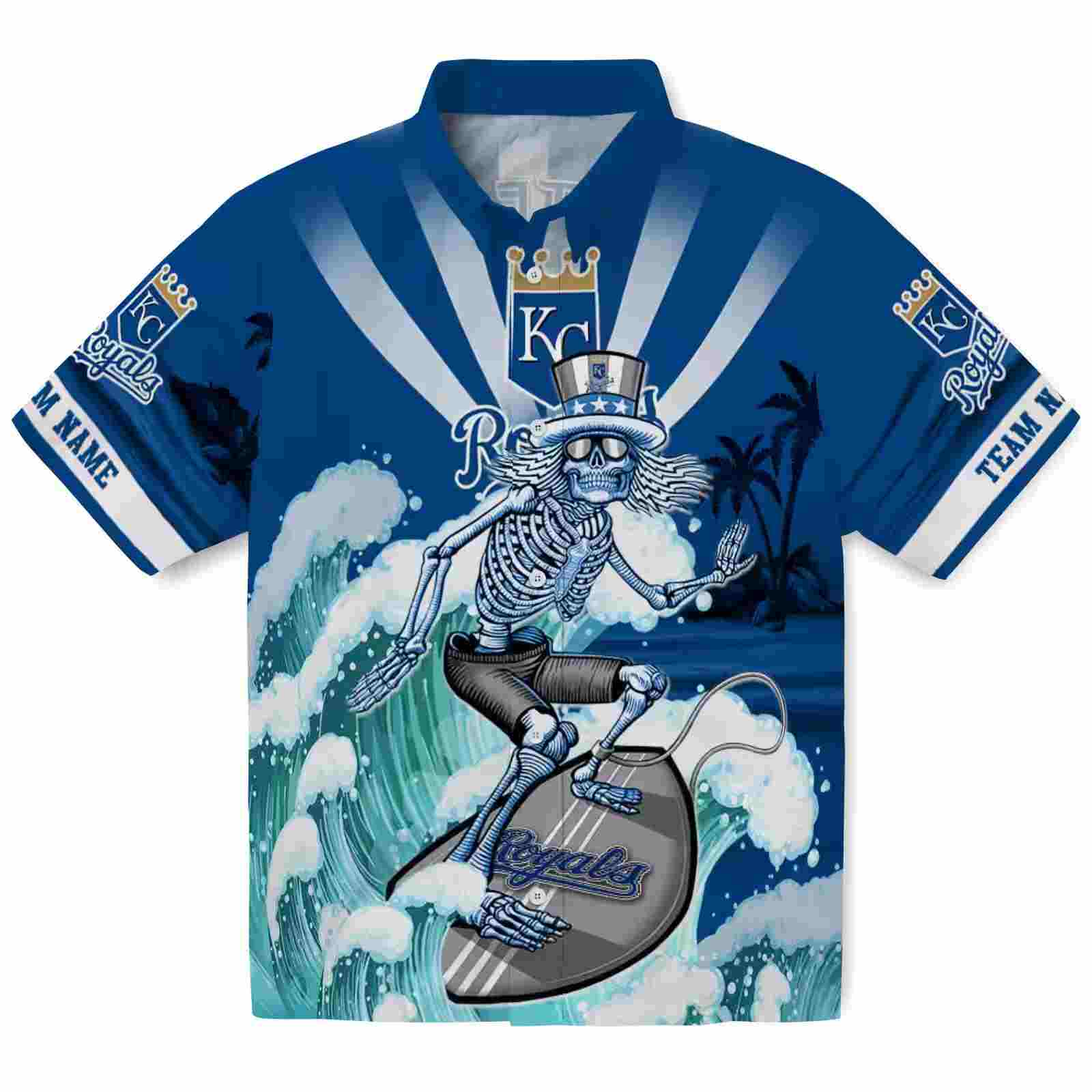 Personalized Kansas City Royals Surfing Skeleton Royal Blue Hawaiian Shirt