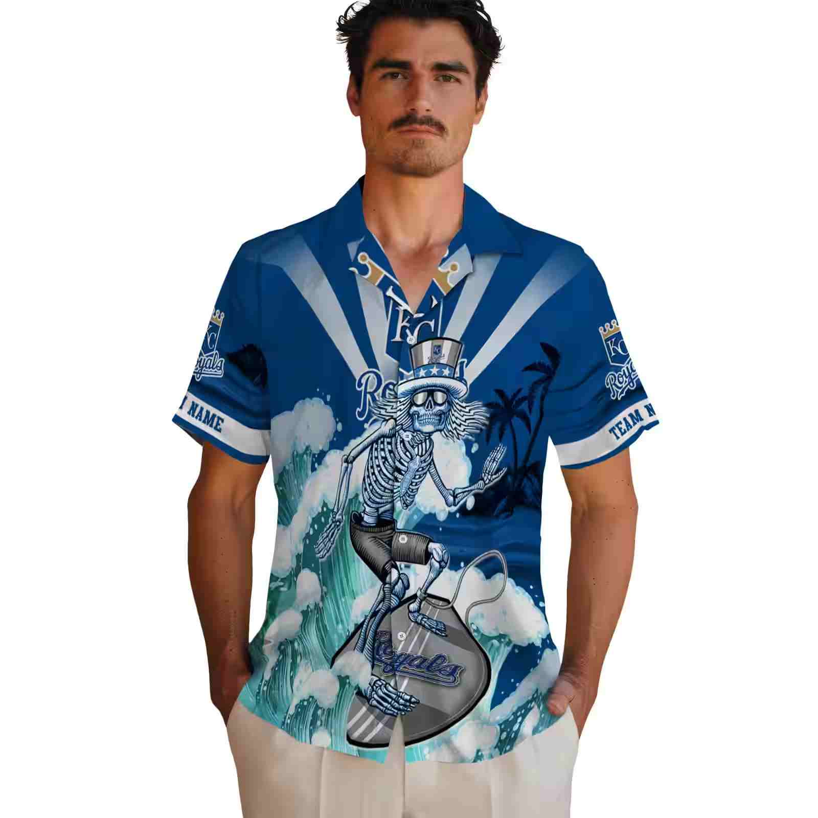 personalized kansas city royals surfing skeleton royal blue hawaiian shirt fashion forward