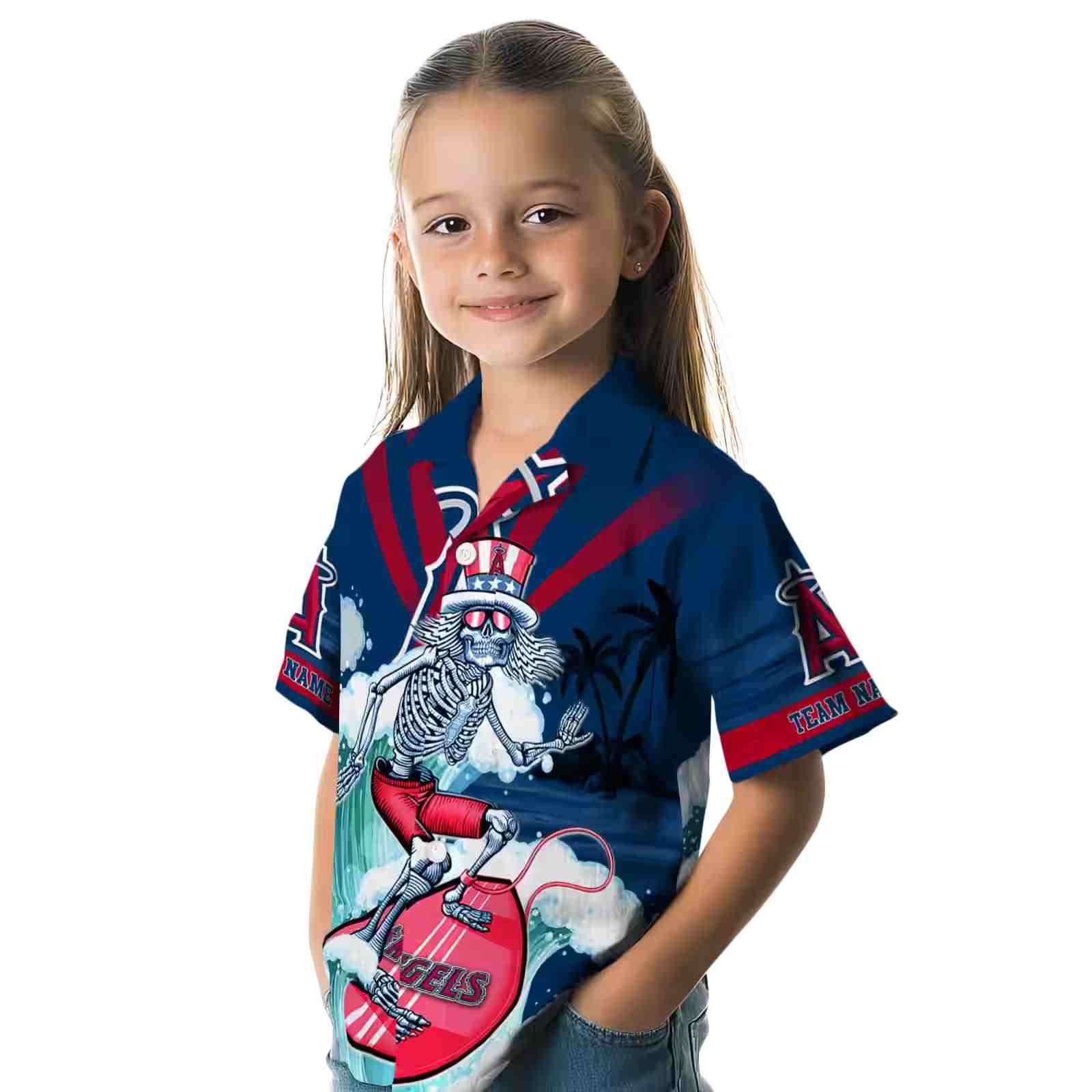 personalized los angeles angels surfing skeleton blue hawaiian shirt premium grade