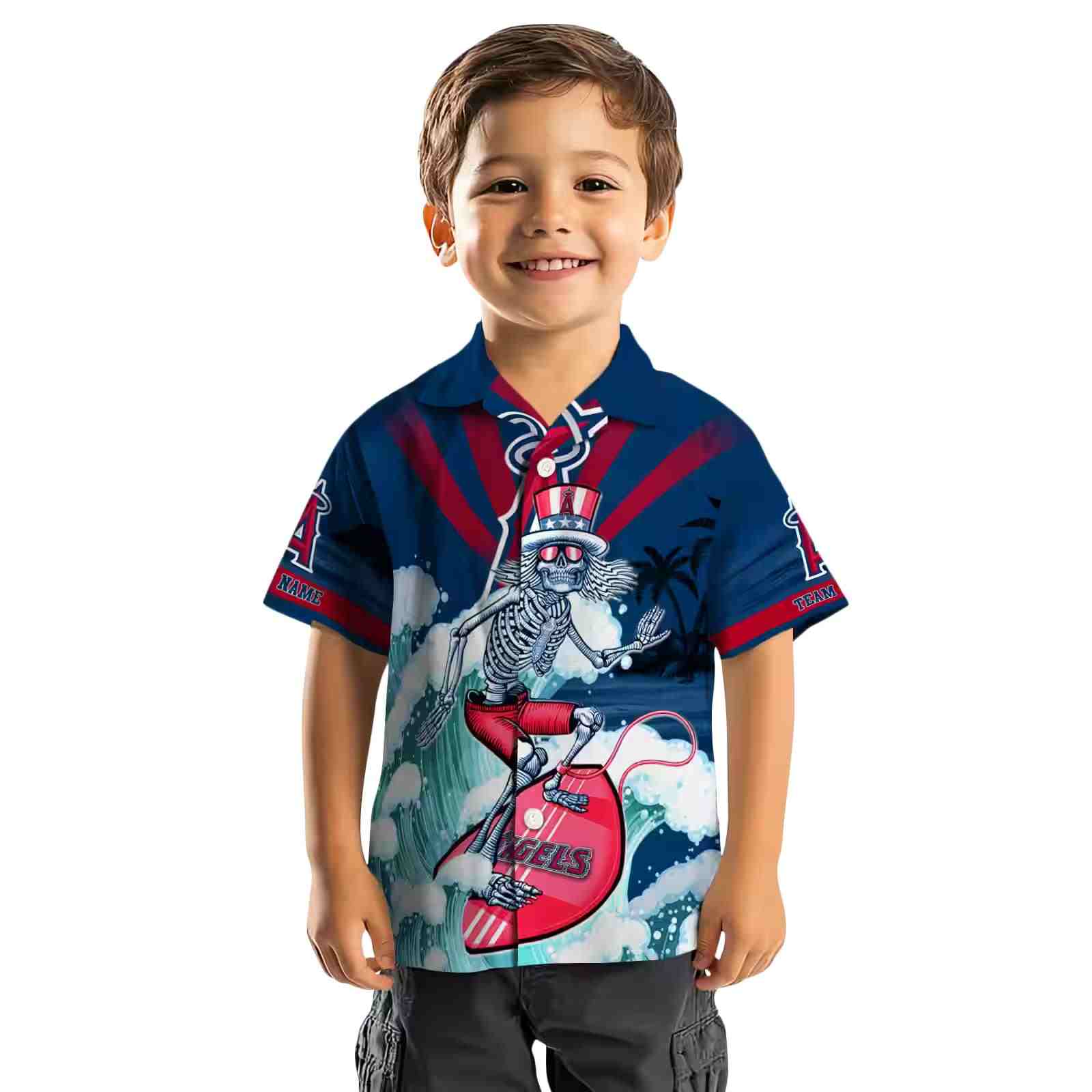 personalized los angeles angels surfing skeleton blue hawaiian shirt top rated