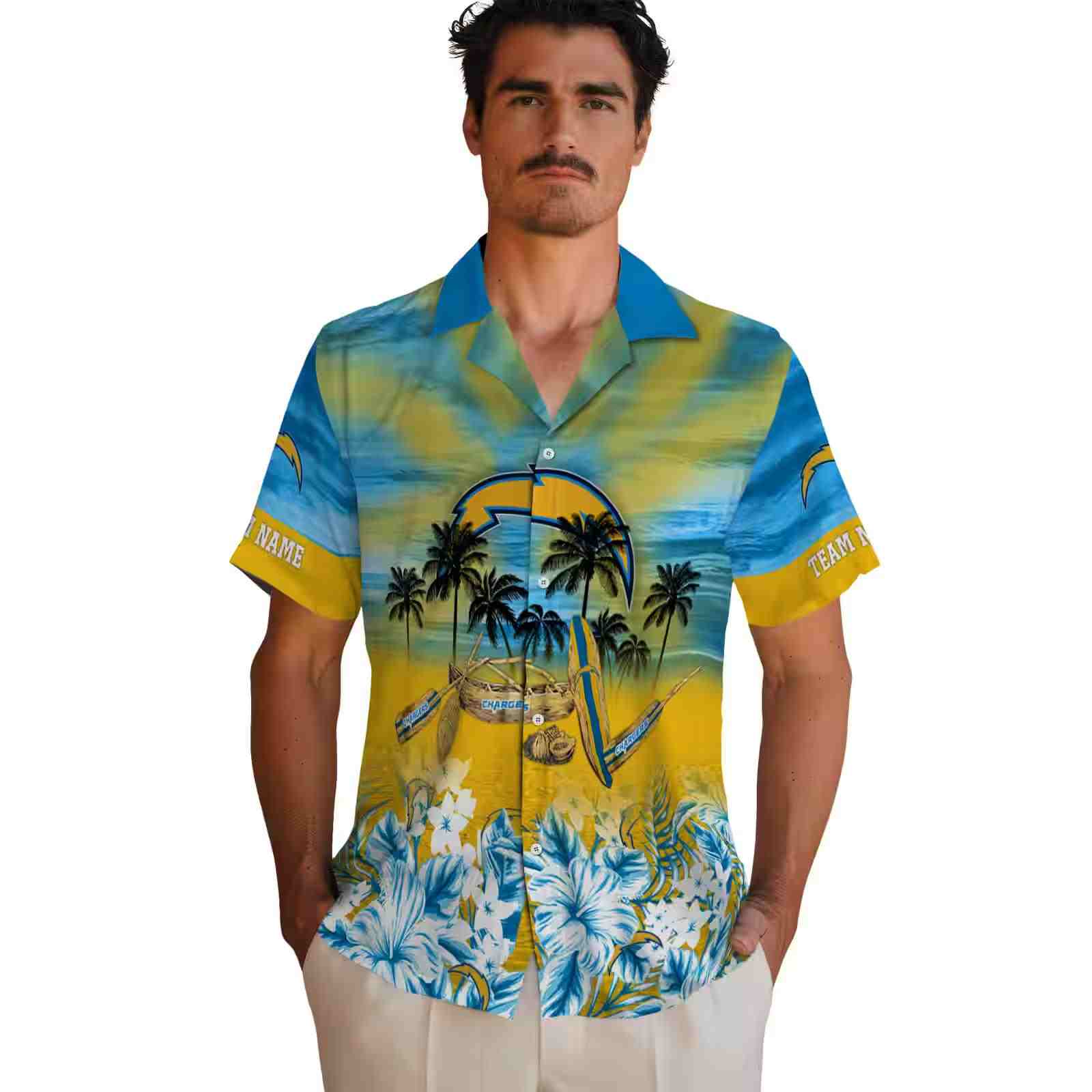 personalized los angeles chargers tropical canoe blue hawaiian shirt fashion forward