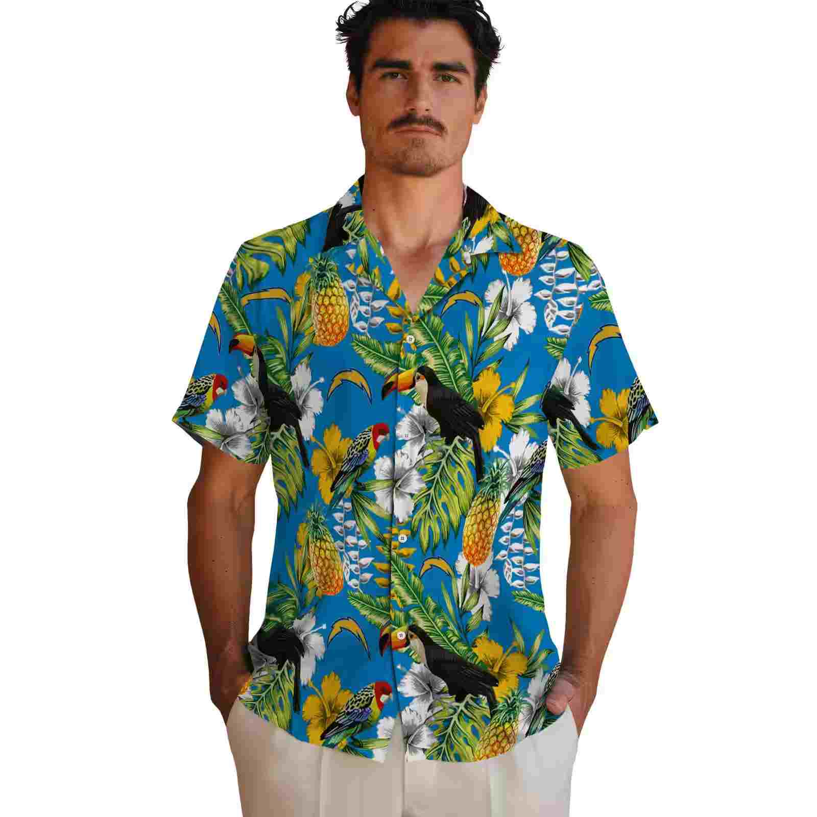 personalized los angeles chargers tropical toucan blue green hawaiian shirt fashion forward