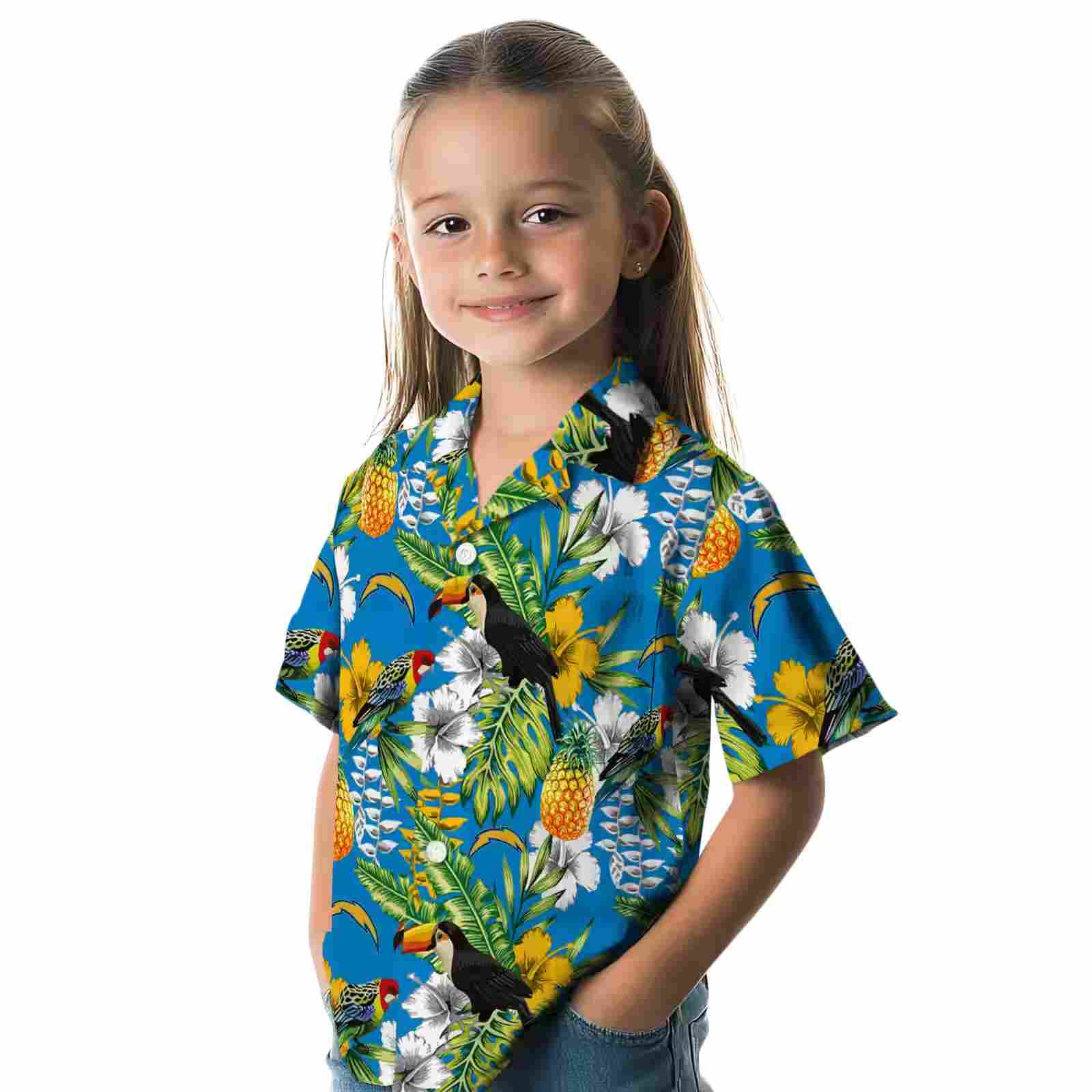 personalized los angeles chargers tropical toucan blue green hawaiian shirt premium grade