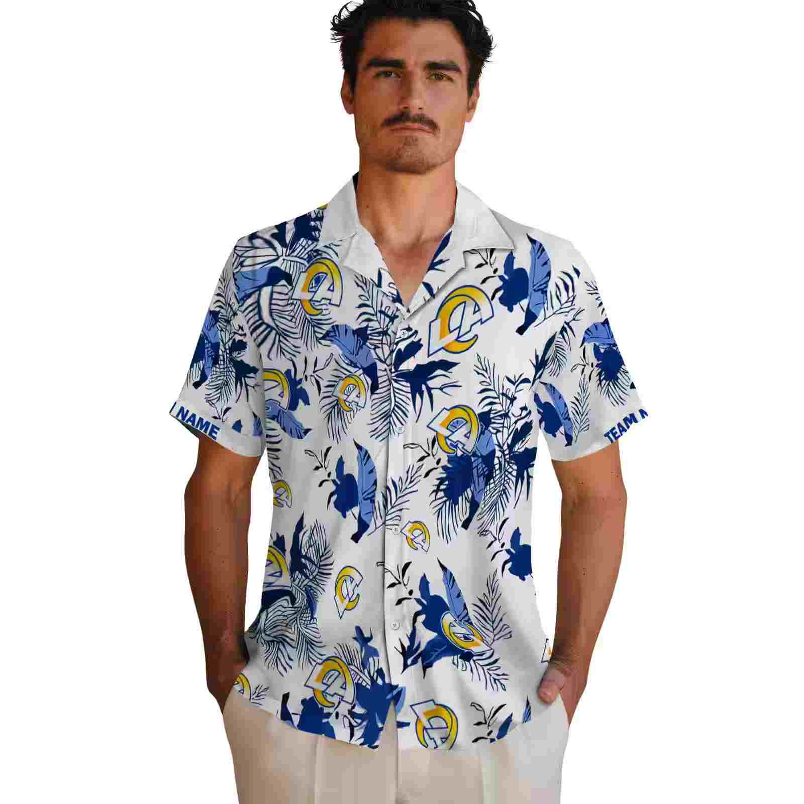 personalized los angeles rams botanical theme blue white hawaiian shirt fashion forward