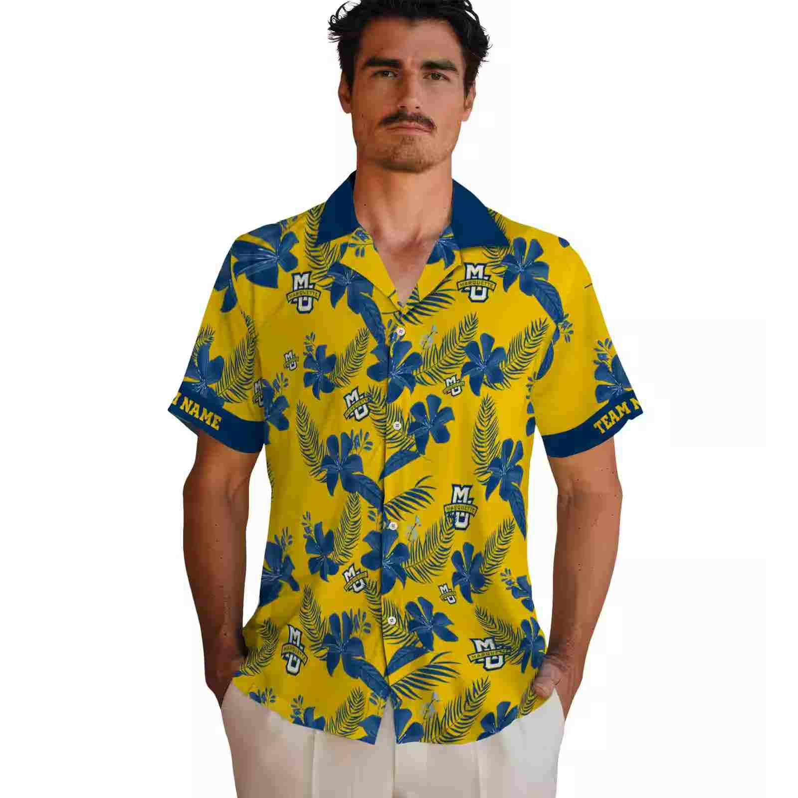 personalized marquette golden eagles botanical print yellow hawaiian shirt fashion forward