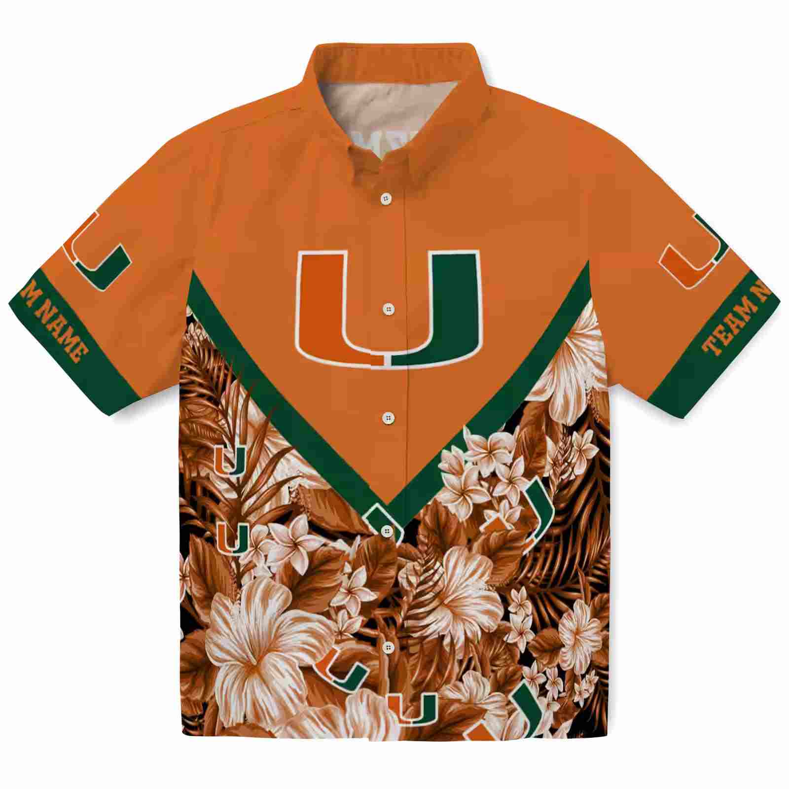 Personalized Miami Hurricanes Floral Chevron Orange Hawaiian Shirt