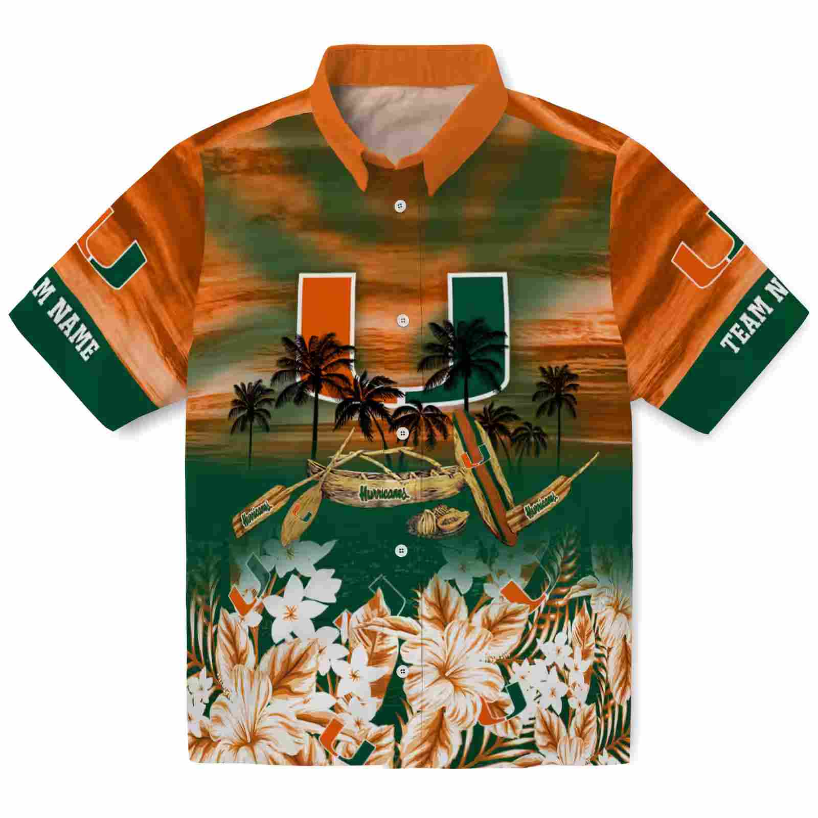 Personalized Miami Hurricanes Tropical Canoe Orange Hawaiian Shirt