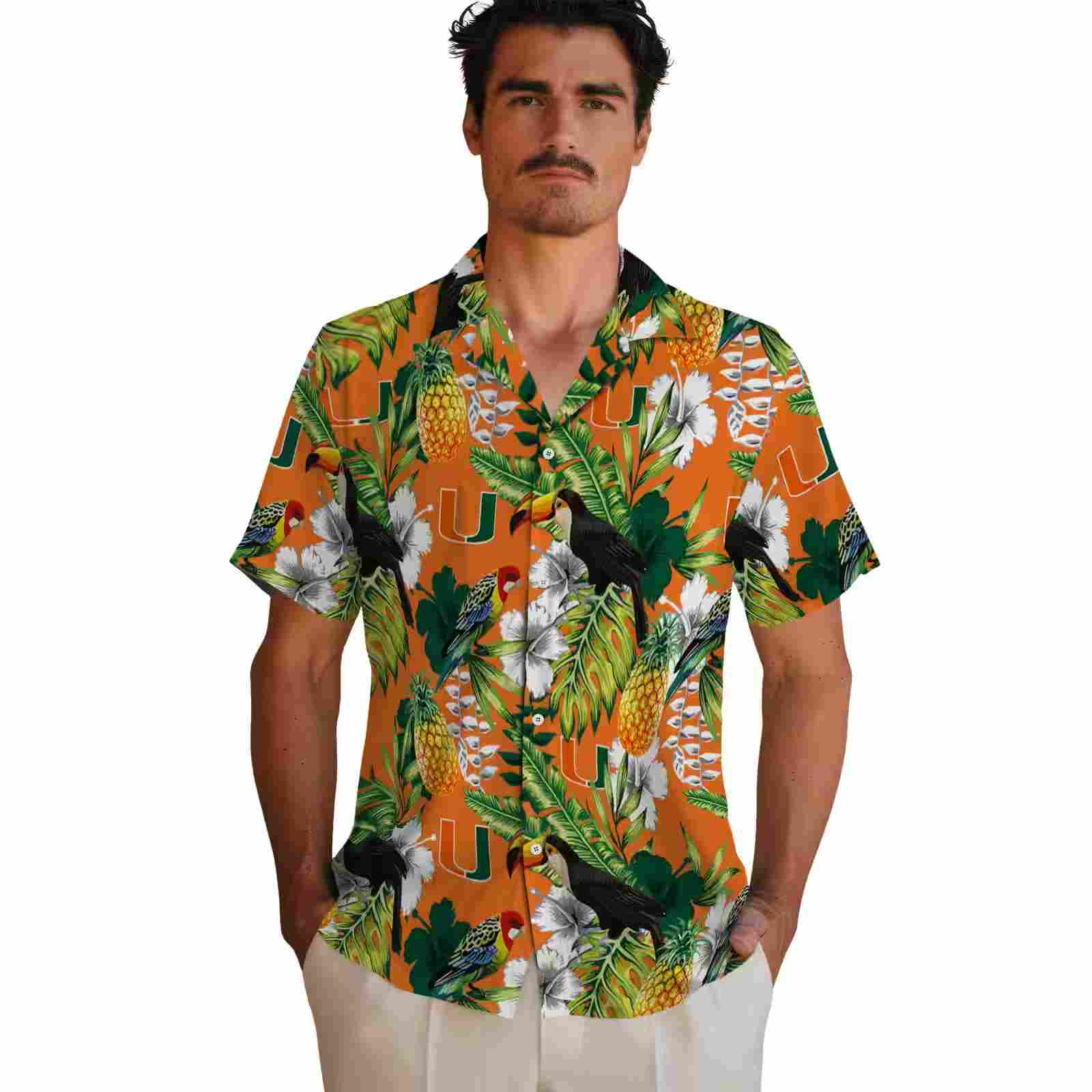 personalized miami hurricanes tropical toucan orange green hawaiian shirt fashion forward