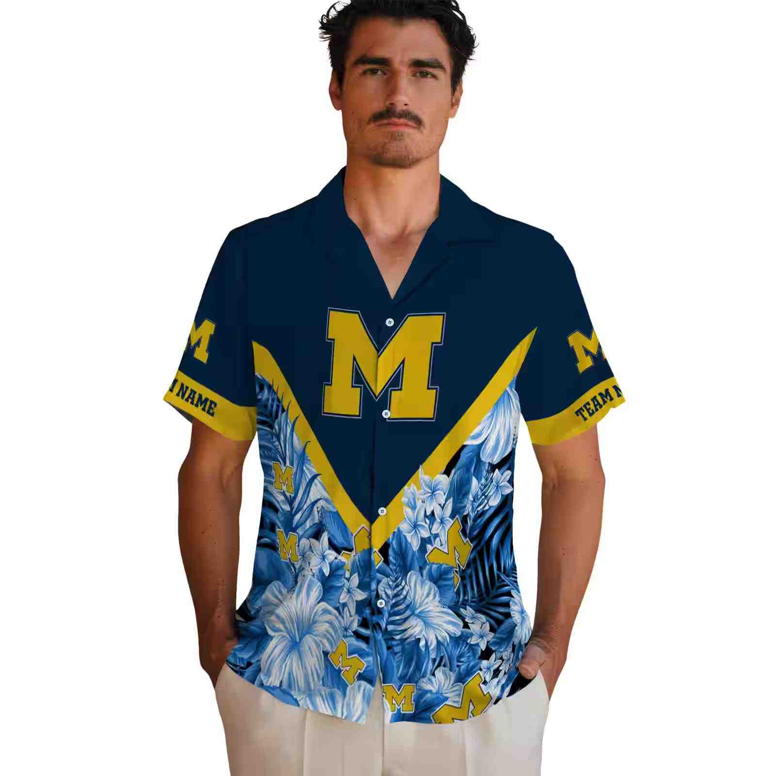 personalized michigan wolverines floral chevron blue hawaiian shirt fashion forward