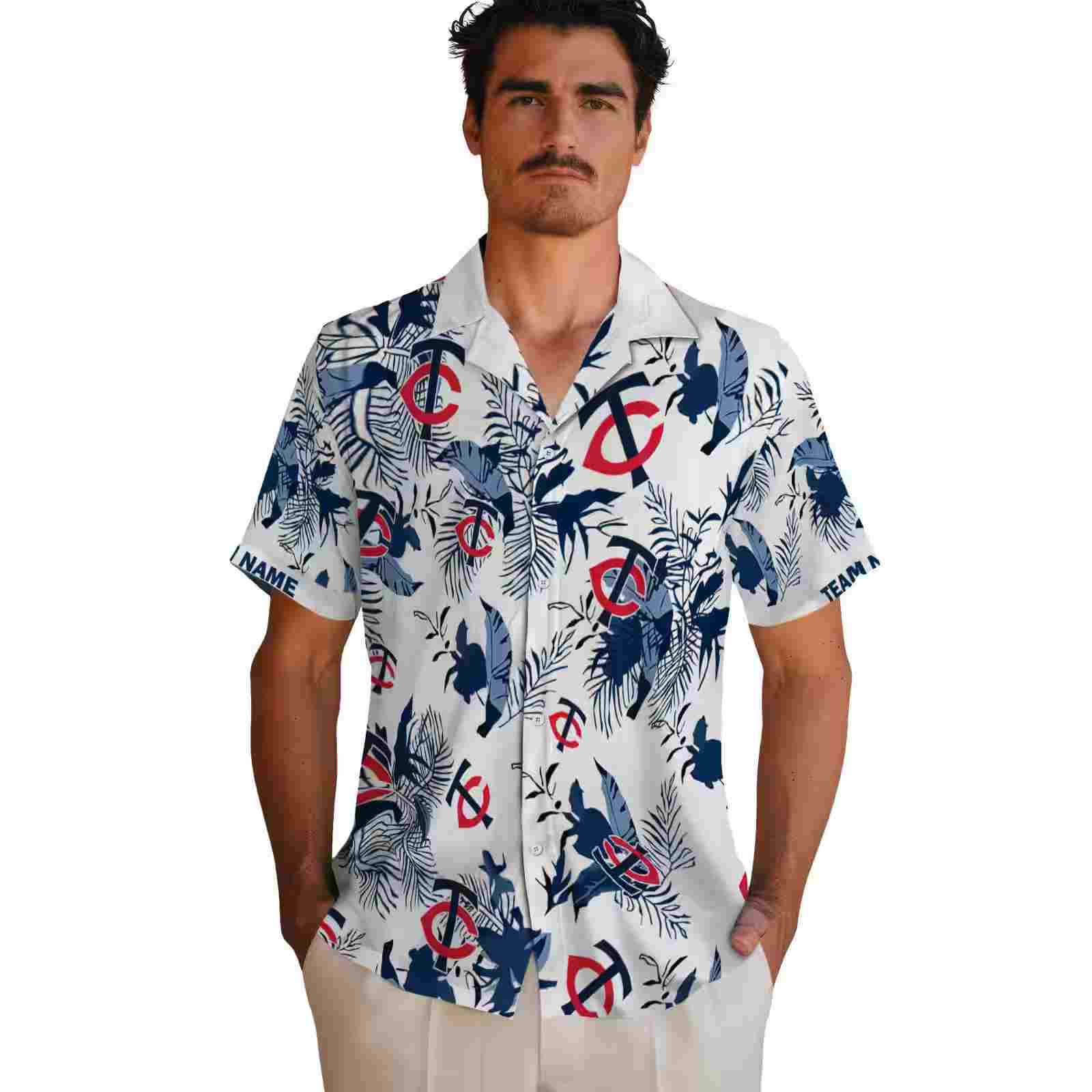 personalized minnesota twins botanical theme navy white hawaiian shirt fashion forward