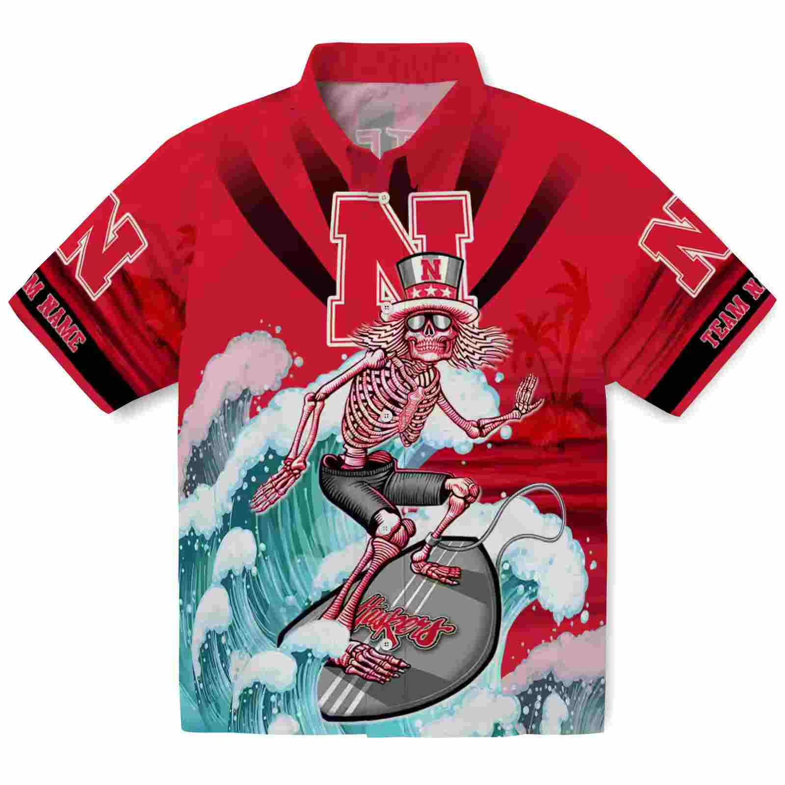 Personalized Nebraska Cornhuskers Surfing Skeleton Red Blue Hawaiian Shirt