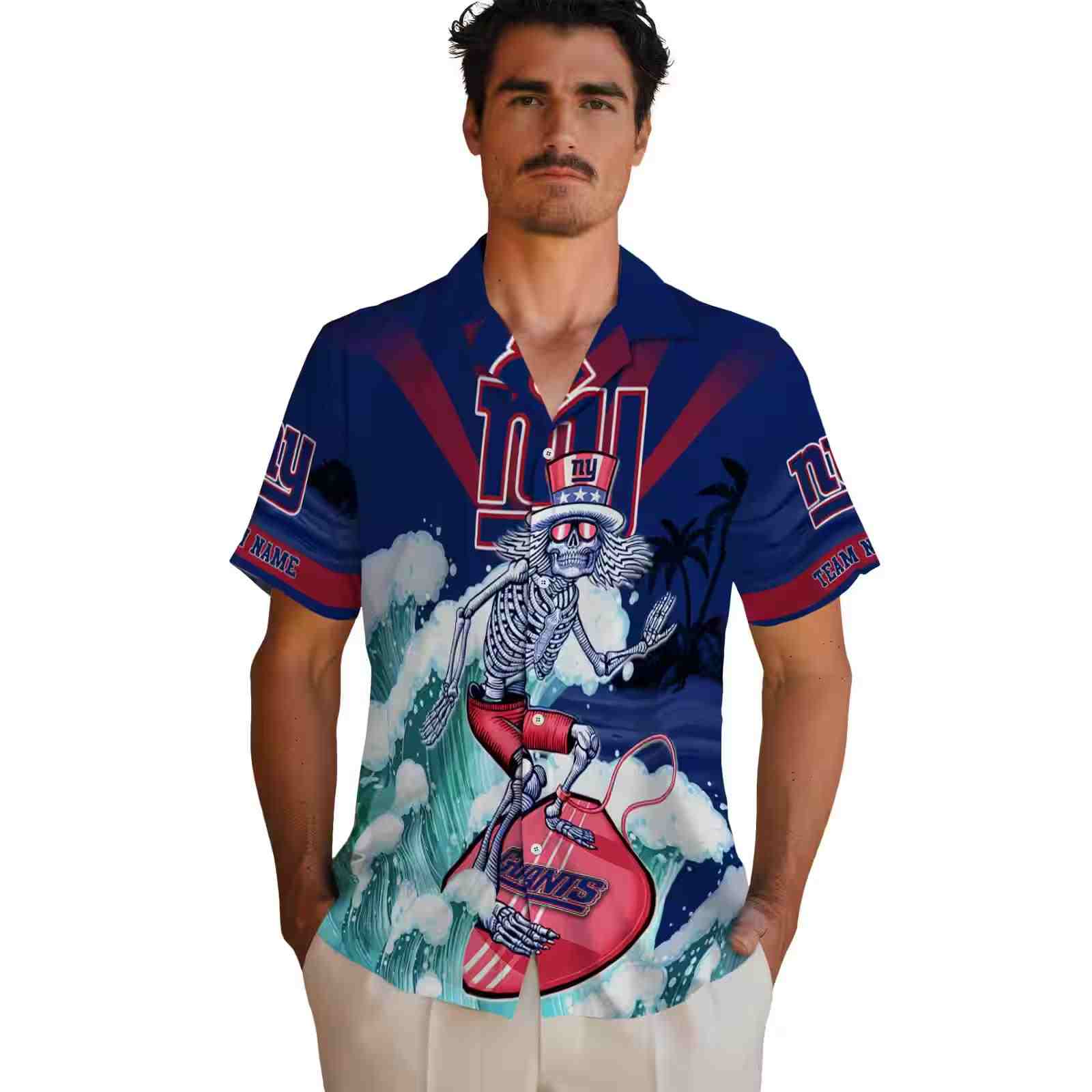 personalized new york giants surfing skeleton blue hawaiian shirt fashion forward