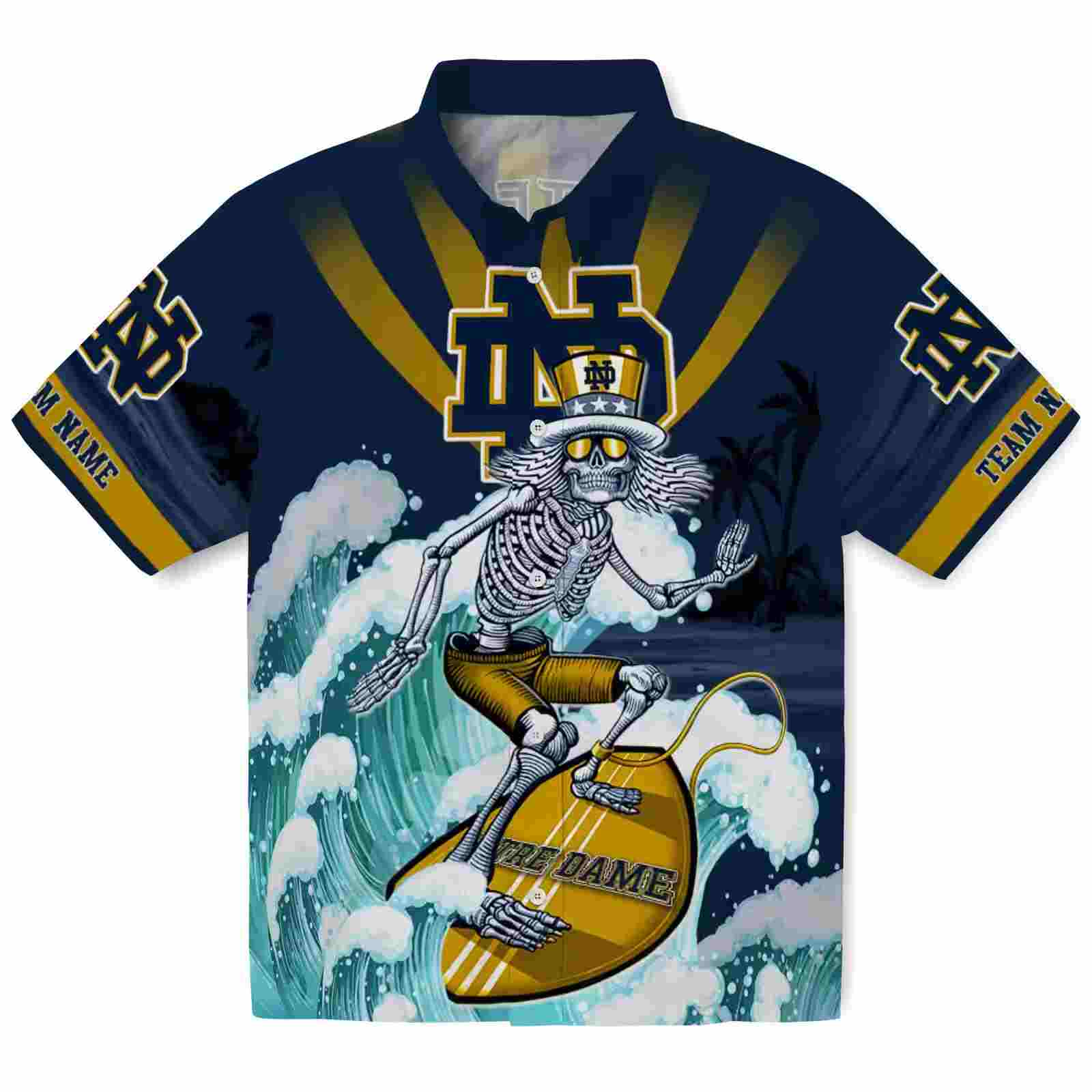 Personalized Notre Dame Fighting Irish Surfing Skeleton Navy Blue Hawaiian Shirt