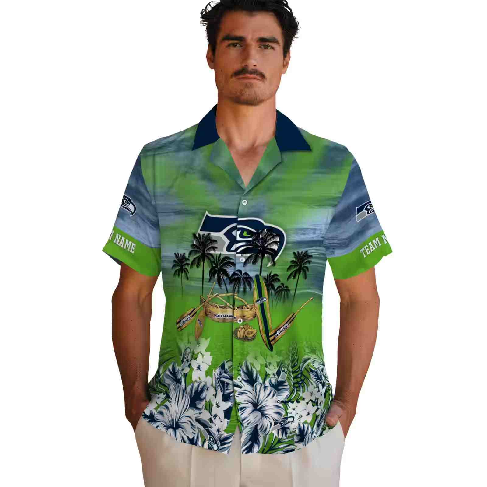 personalized seattle seahawks tropical canoe blue hawaiian shirt fashion forward