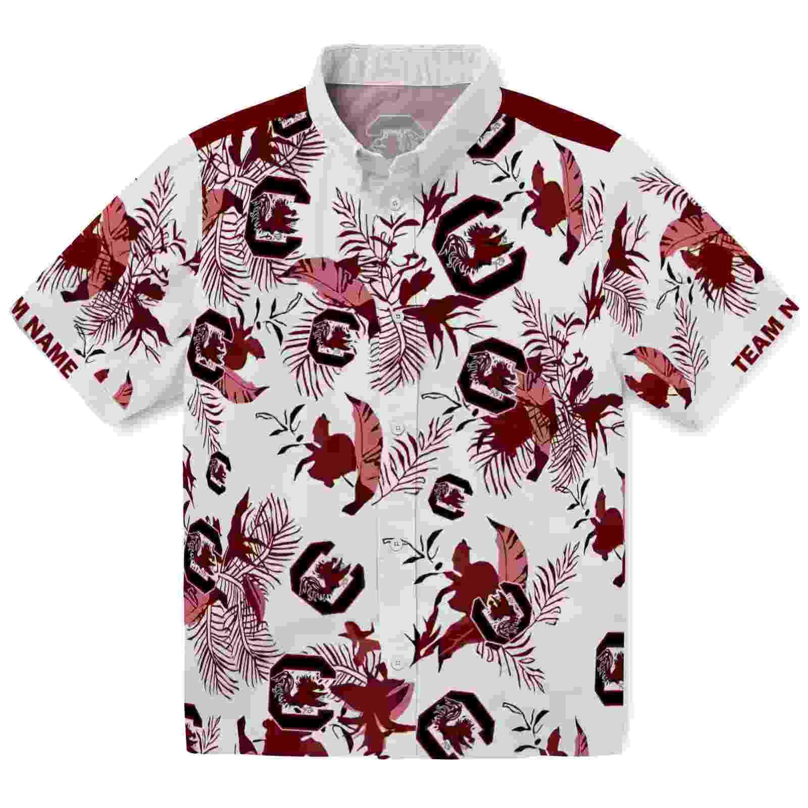 personalized south carolina gamecocks botanical theme garnet white hawaiian shirt best selling