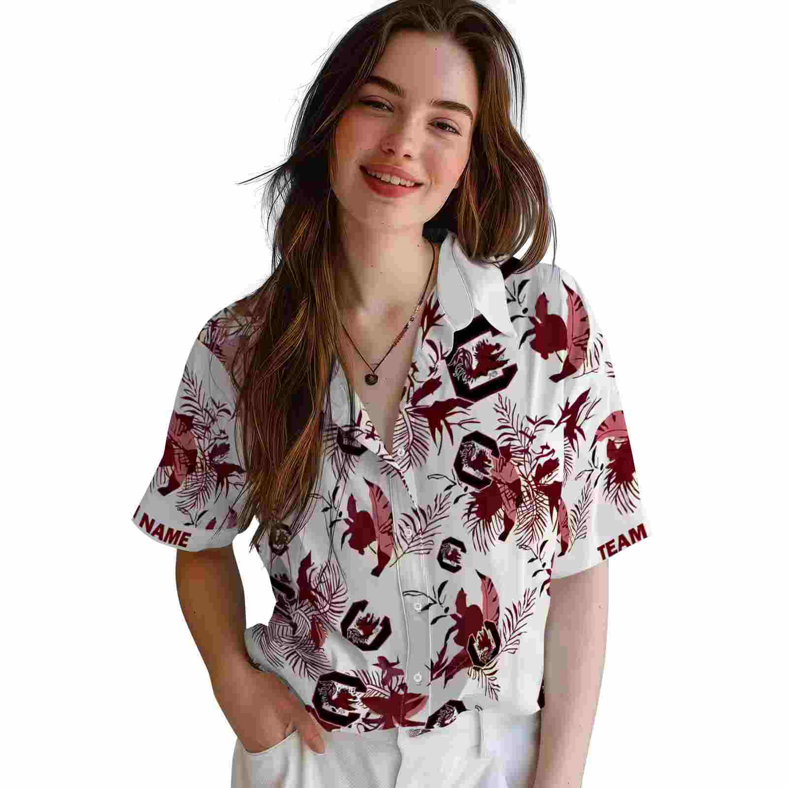 personalized south carolina gamecocks botanical theme garnet white hawaiian shirt latest model