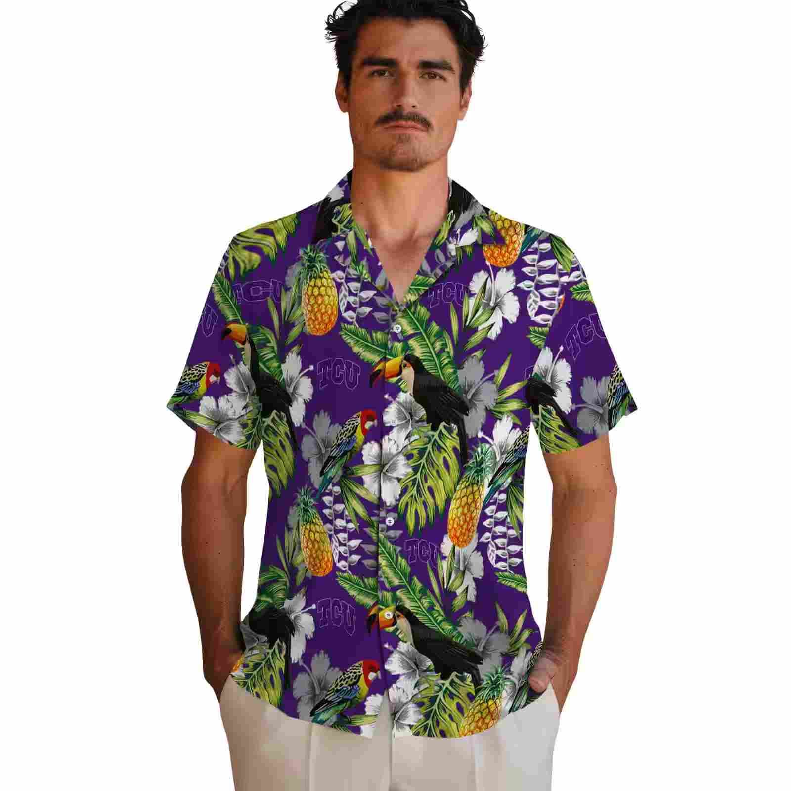 personalized tcu horned frogs tropical toucan purple green hawaiian shirt fashion forward