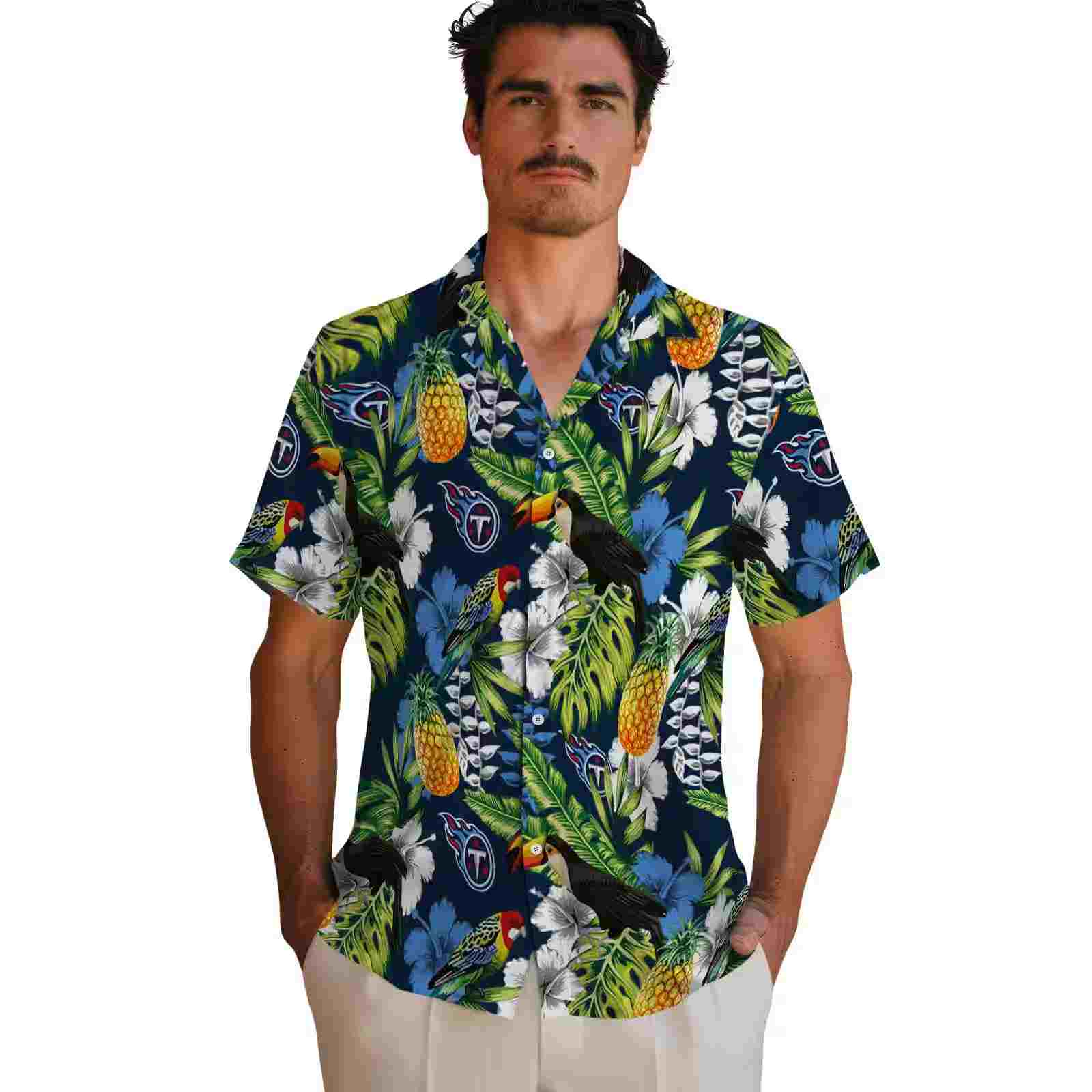 personalized tennessee titans tropical toucan navy green hawaiian shirt fashion forward