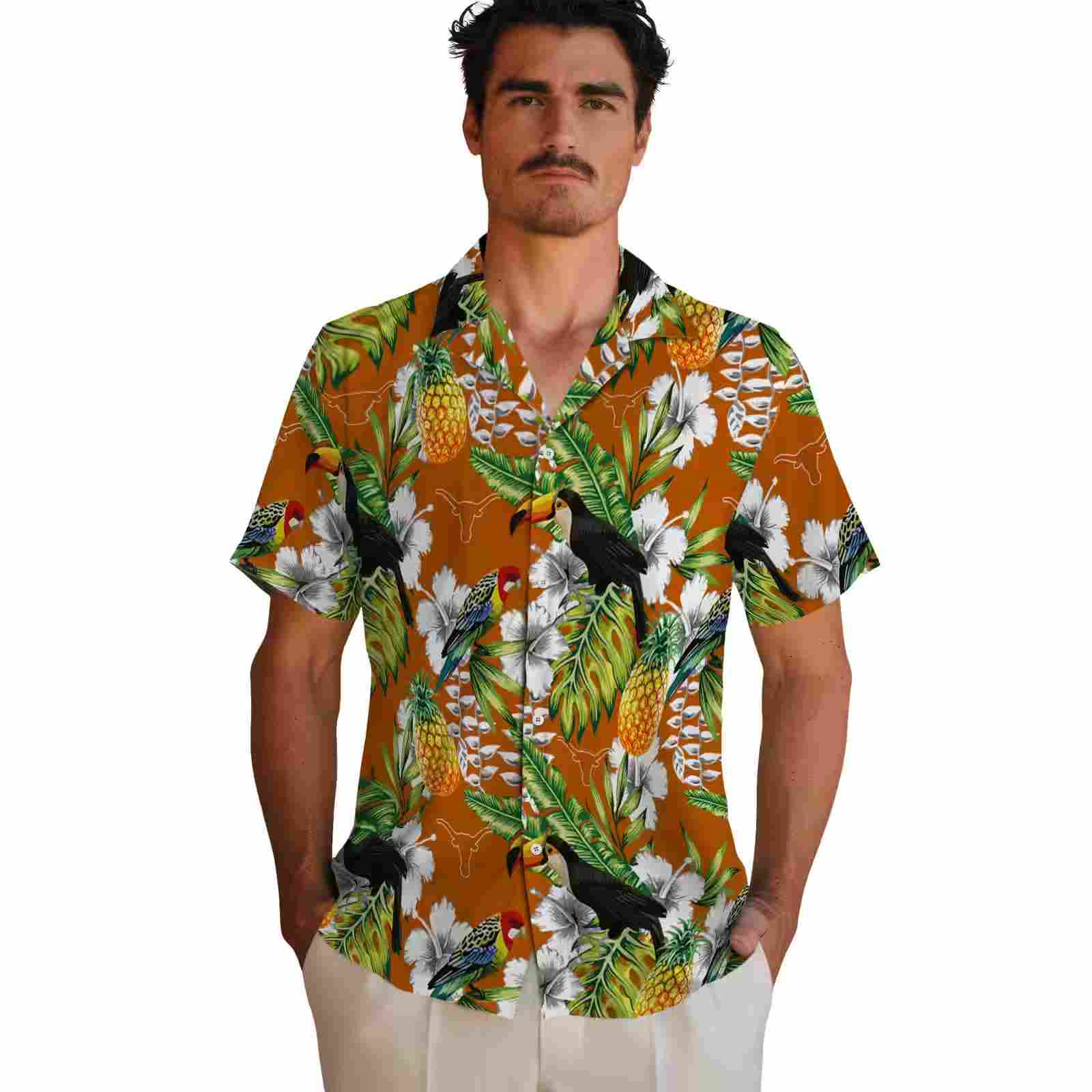 personalized texas longhorns tropical toucan orange green hawaiian shirt fashion forward