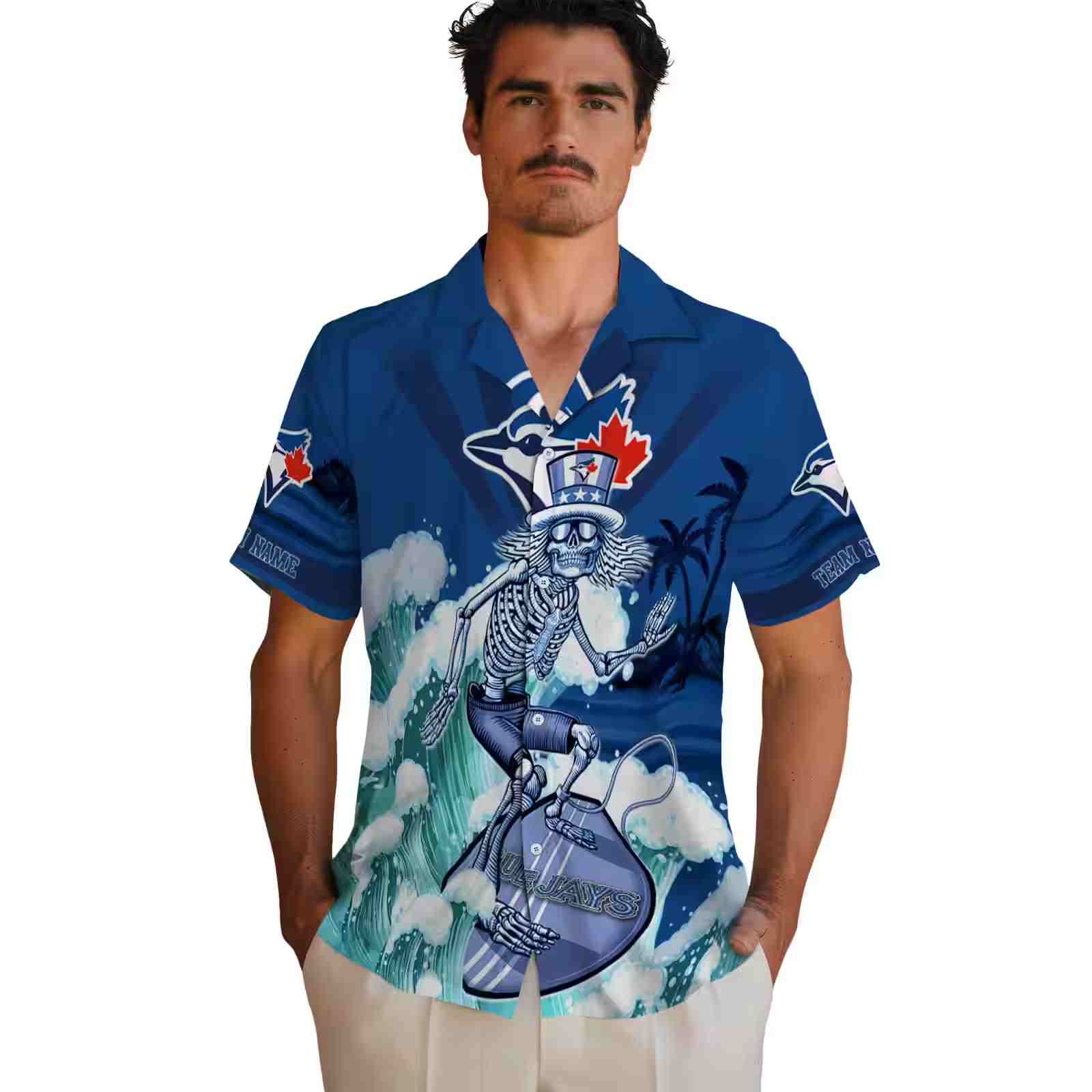 personalized toronto blue jays surfing skeleton blue hawaiian shirt fashion forward