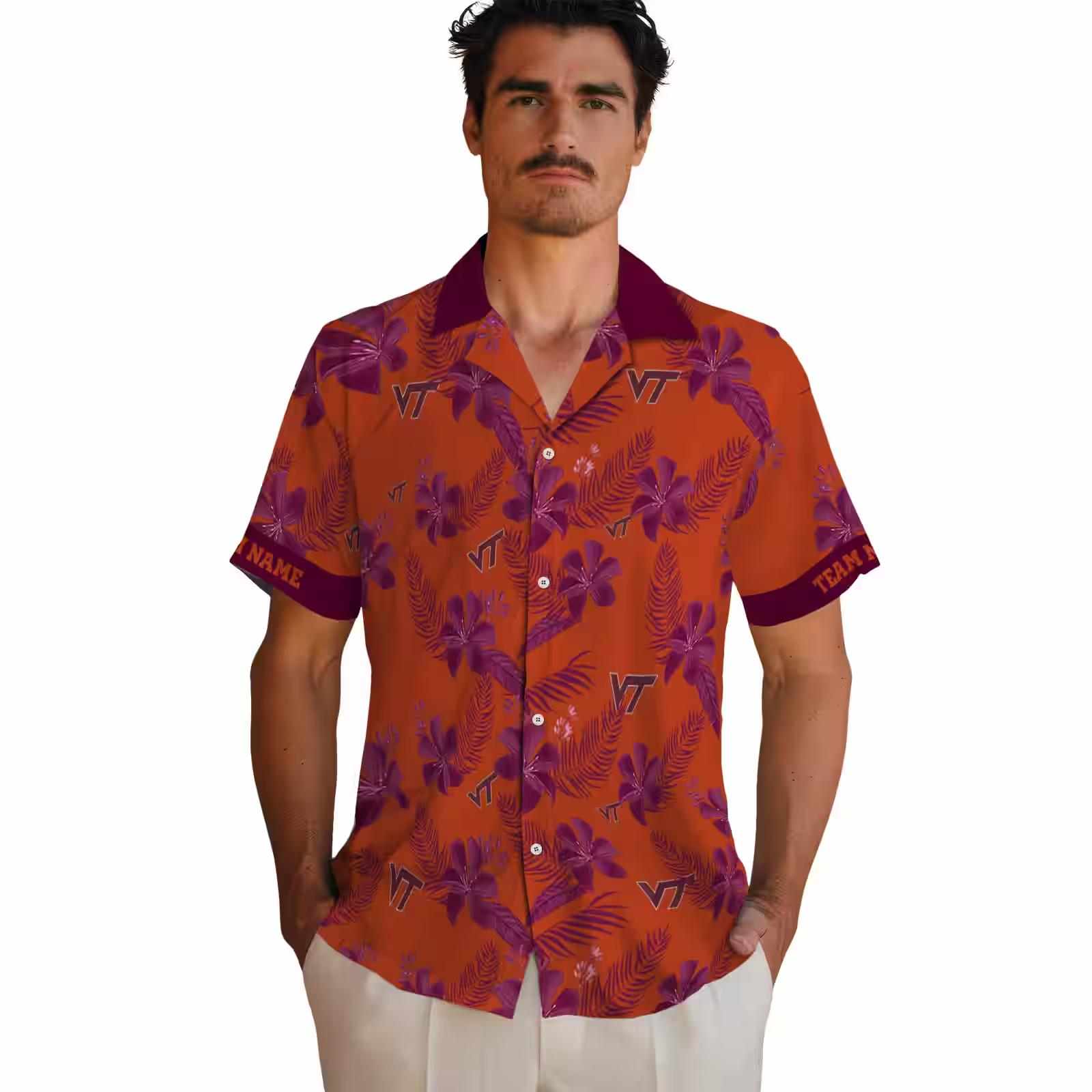 personalized virginia tech hokies botanical print orange hawaiian shirt fashion forward