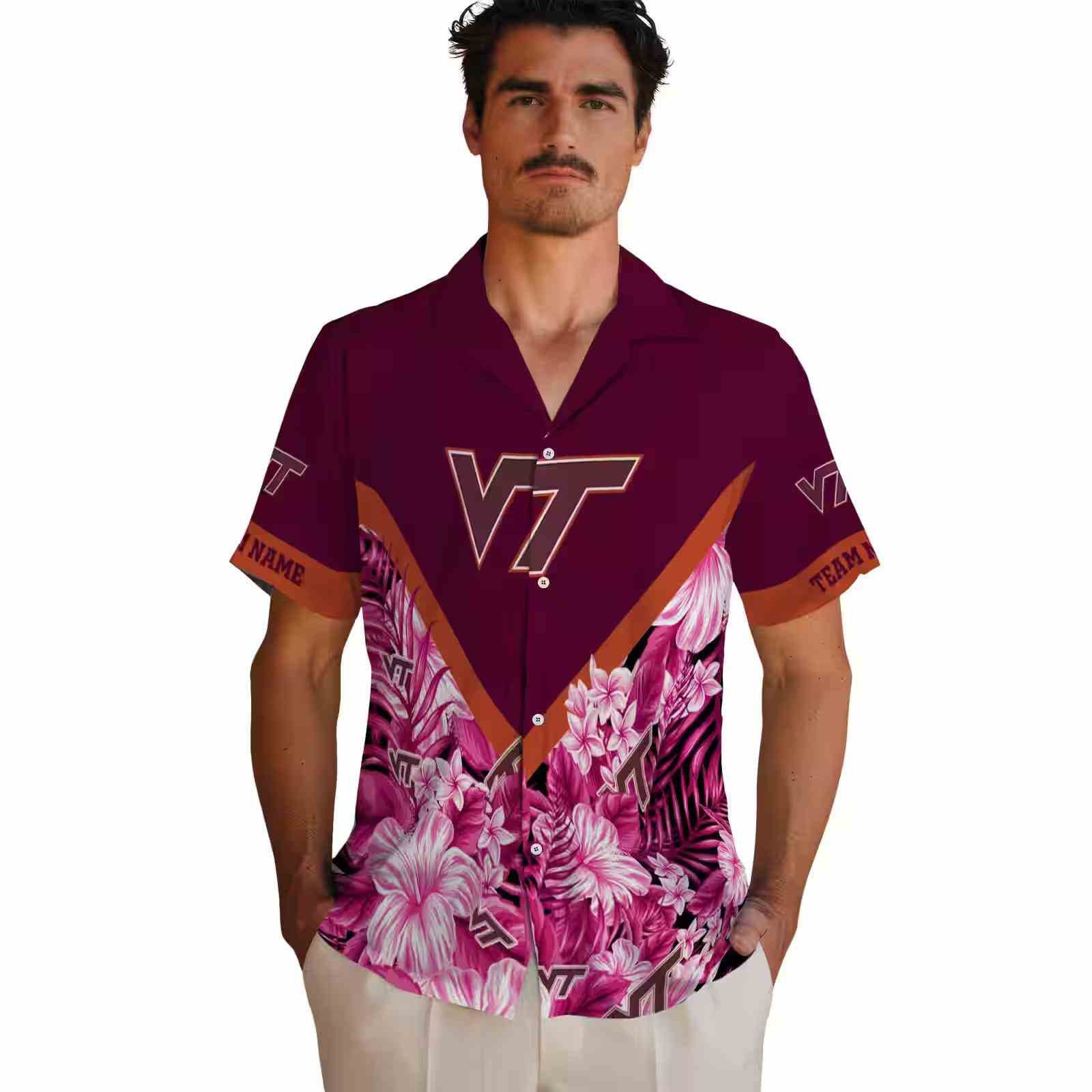 personalized virginia tech hokies floral chevron maroon hawaiian shirt fashion forward