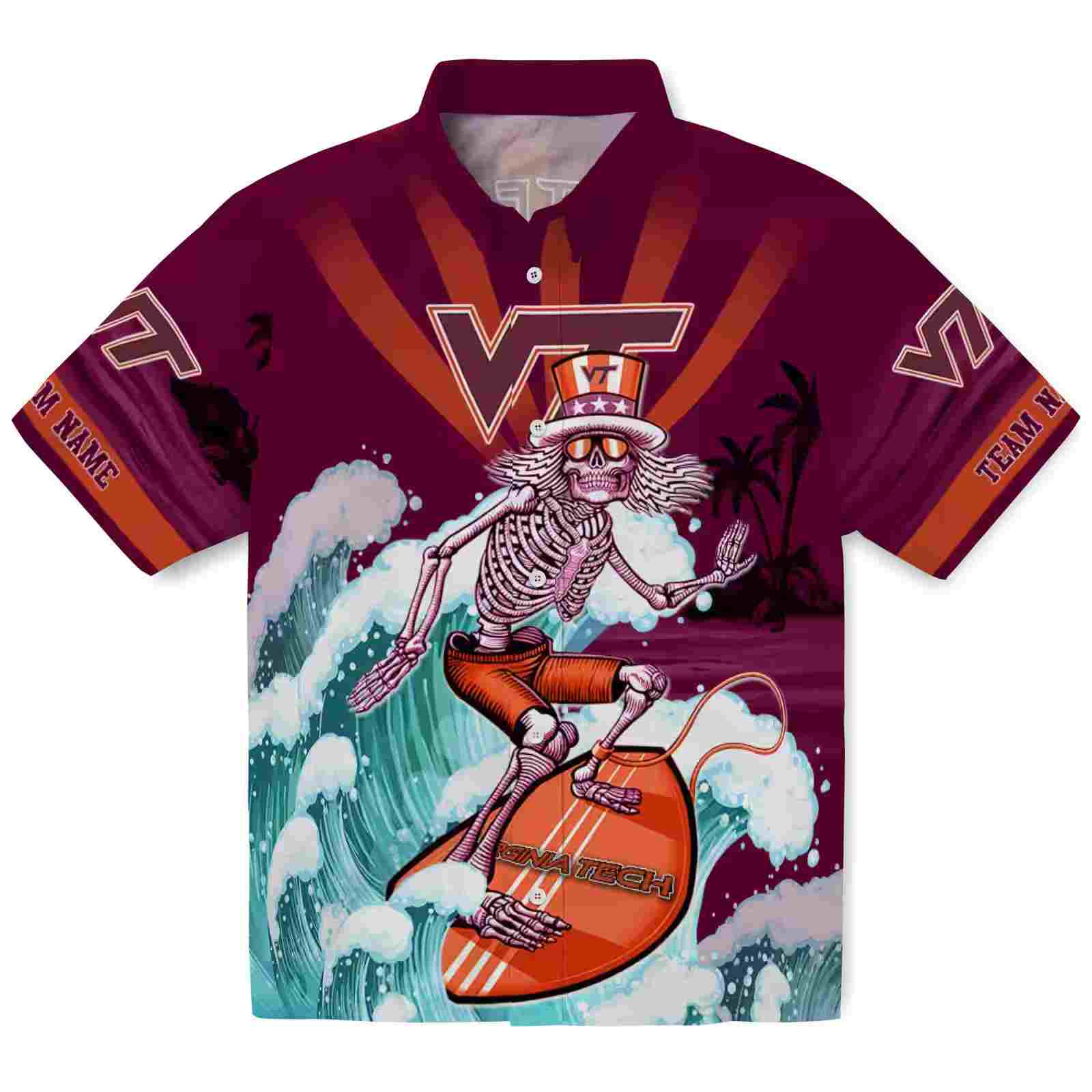 Personalized Virginia Tech Hokies Surfing Skeleton Maroon Blue Hawaiian Shirt