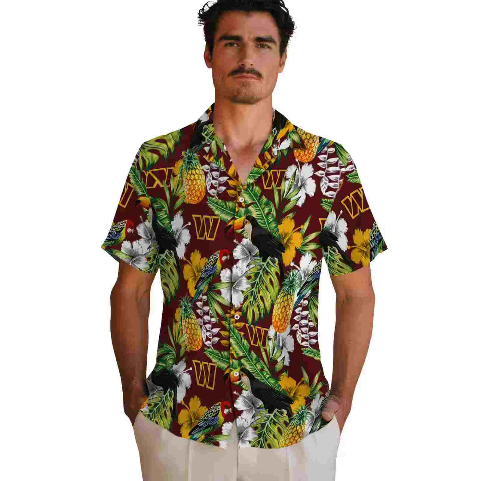 personalized washington commanders tropical toucan burgundy green hawaiian shirt fashion forward