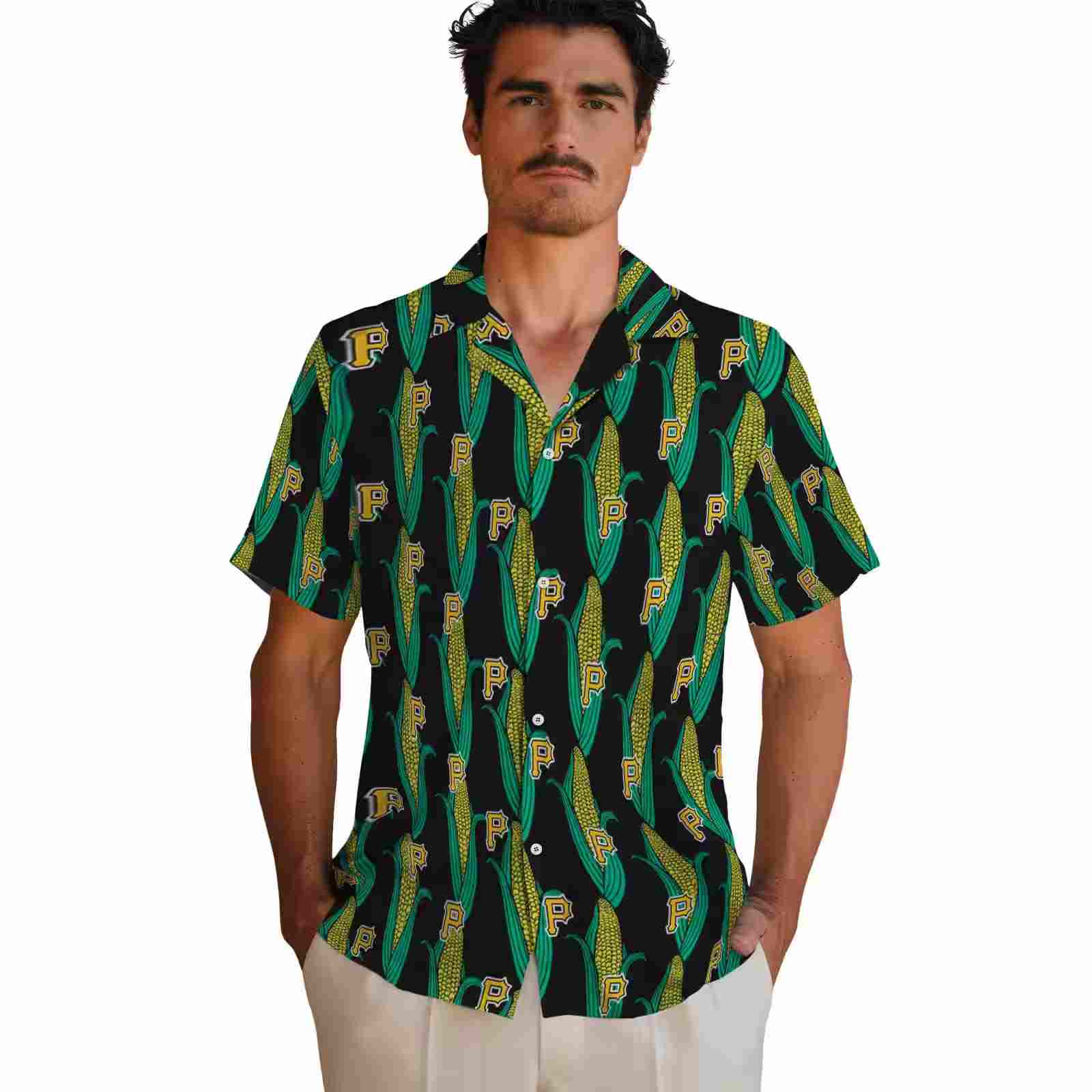 pittsburgh pirates corn motifs black green hawaiian shirt fashion forward