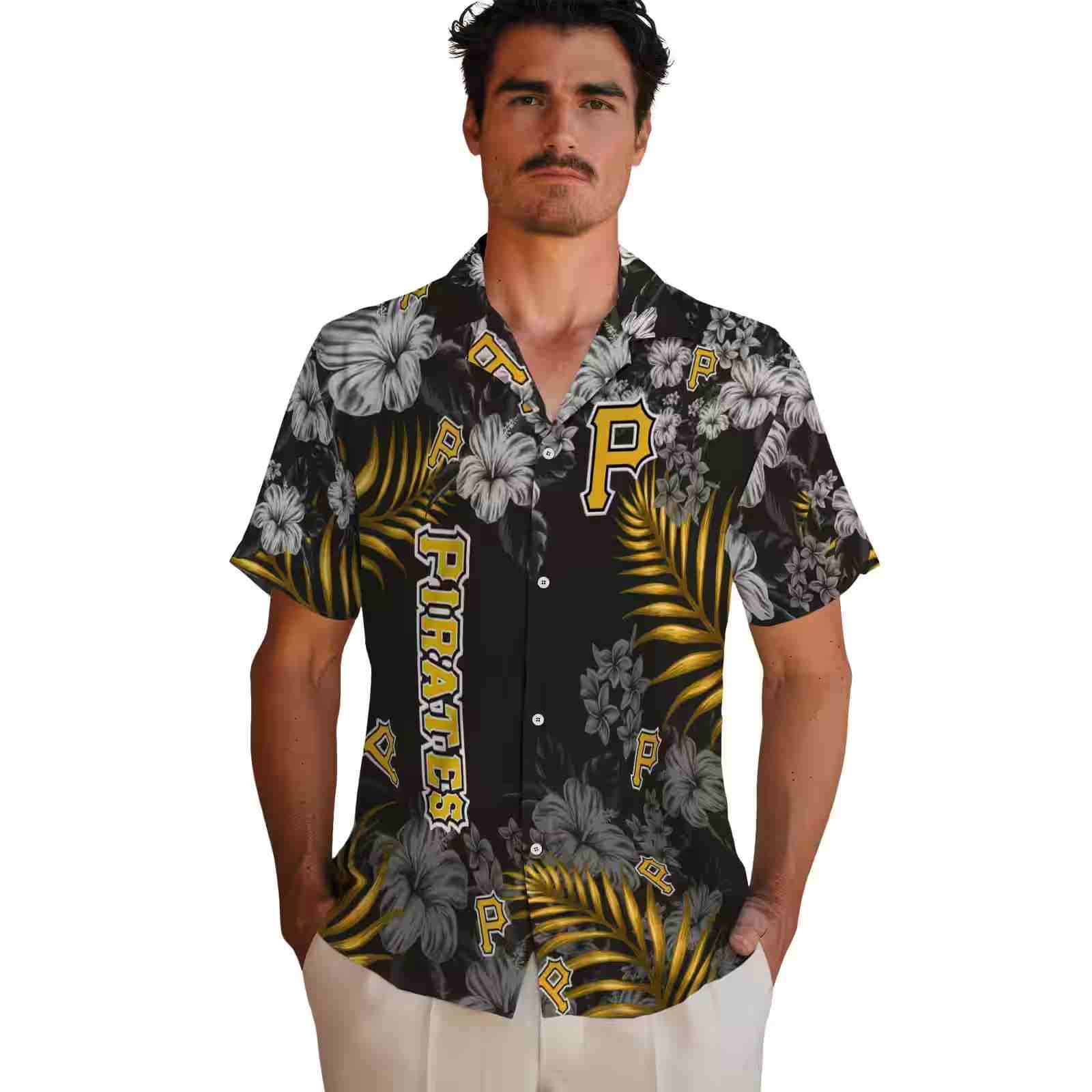 pittsburgh pirates hibiscus print black hawaiian shirt fashion forward