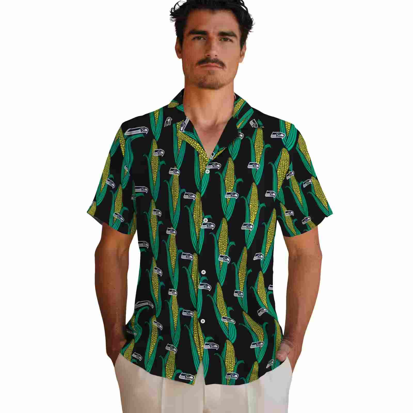 seattle seahawks corn motifs black green hawaiian shirt fashion forward