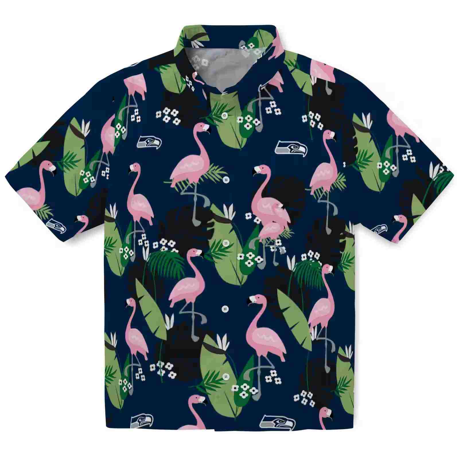 Seattle Seahawks Flamingo Leaf Motif Blue Hawaiian Shirt